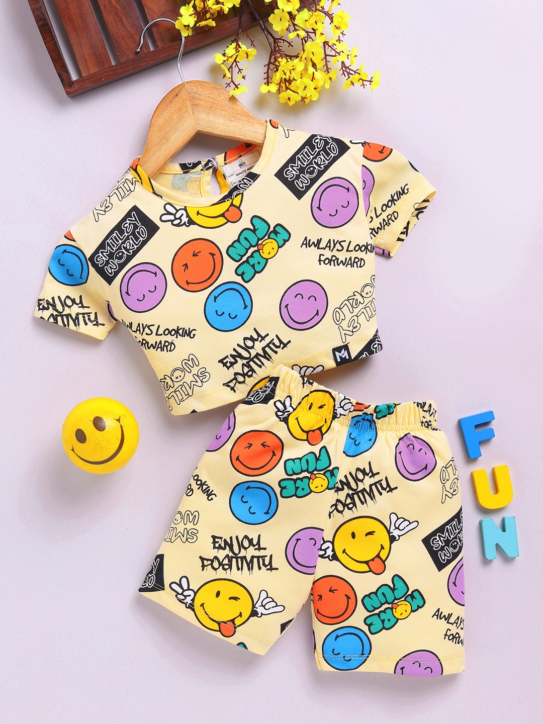 

YK X Minute Mirth Infant Girls Printed Pure Cotton Top With Shorts, Yellow