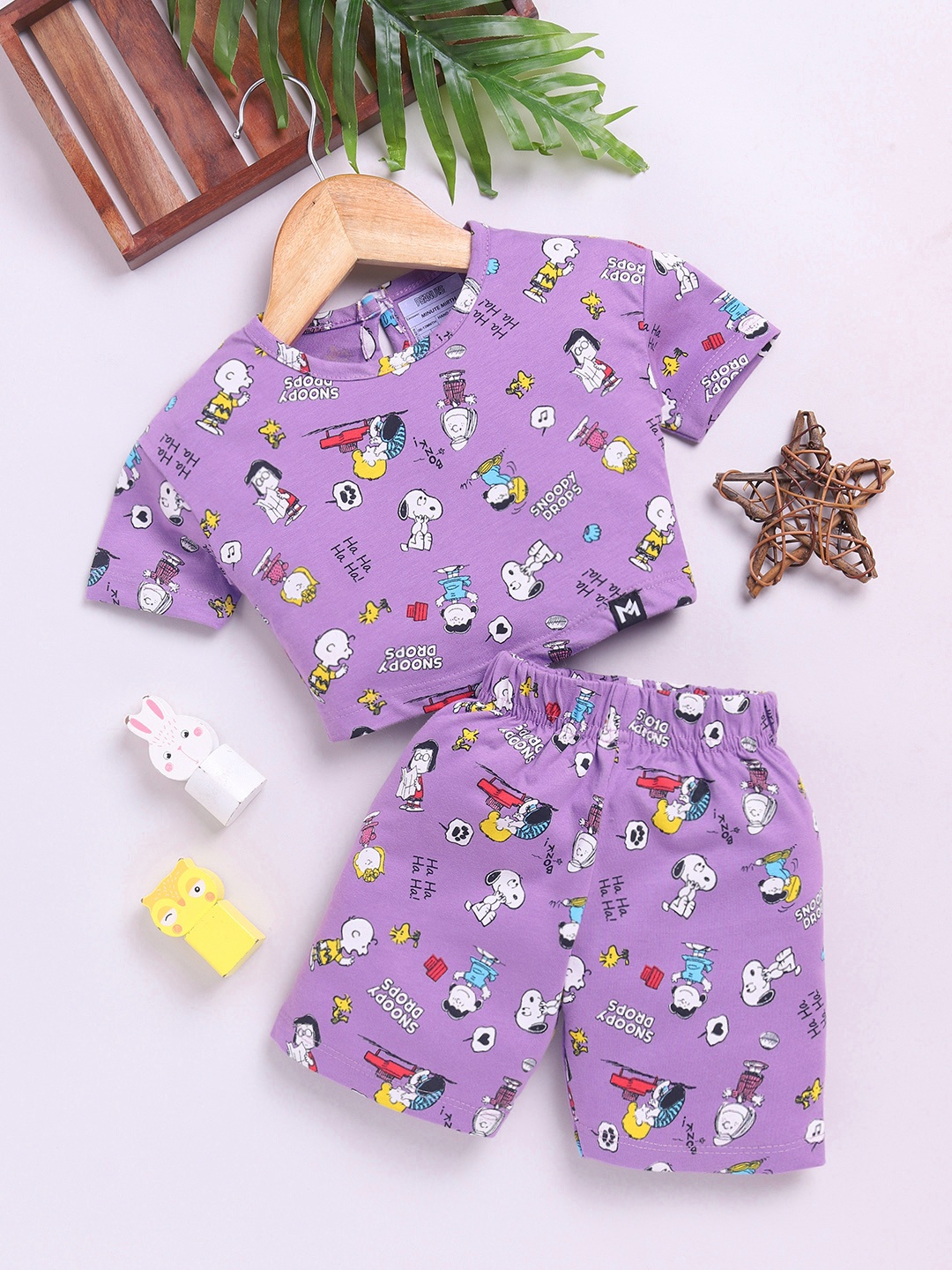 

YK X Minute Mirth Girls Peanuts Printed Pure Cotton Top With Shorts, Purple