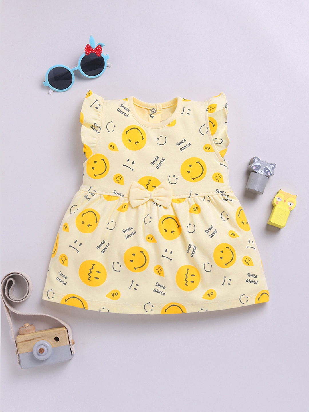 

YK X Tinyo Girls Conversational Printed Flutter Sleeve Fit & Flare Dress, Yellow