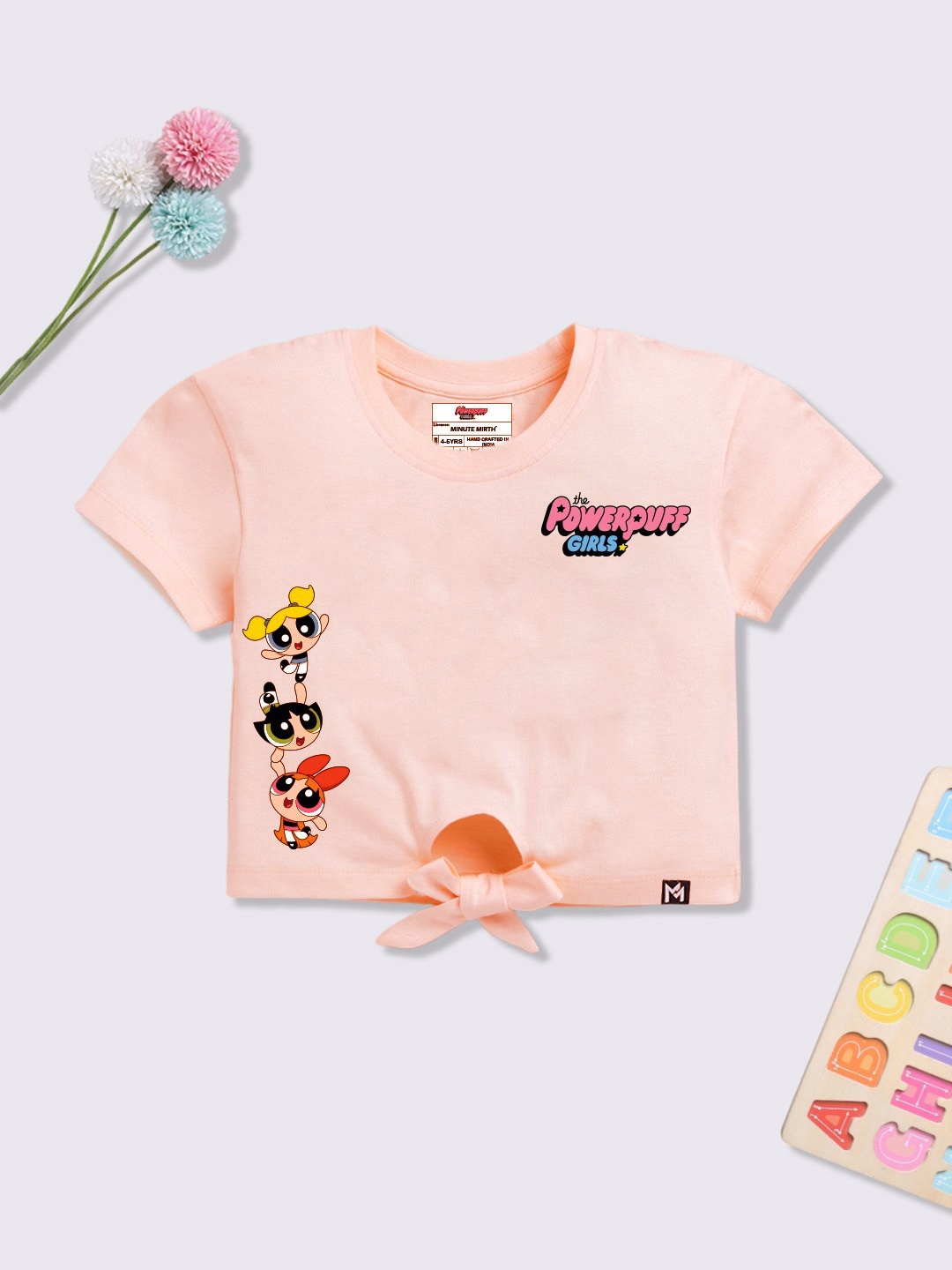 

YK X Minute Mirth Girls PowerPuff Printed Cotton Crop Top, Peach