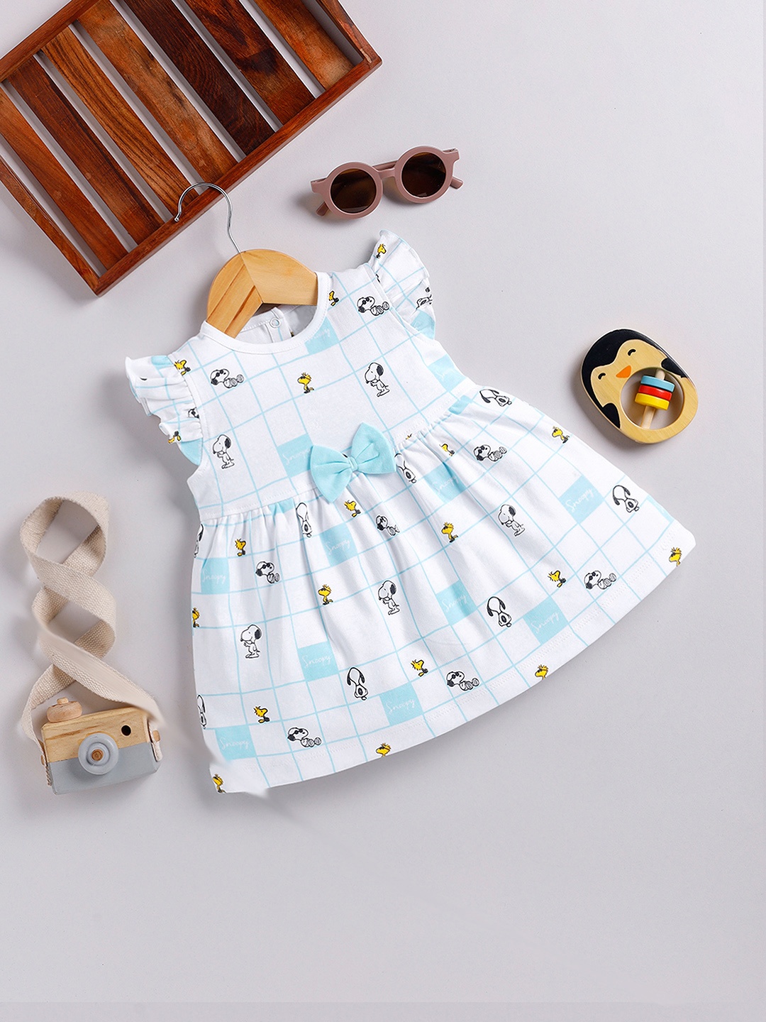 

YK X Tinyo Girls Printed Flutter Sleeve Fit & Flare Dress, Blue