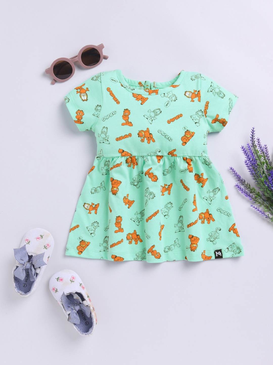 

YK X Minute Mirth Girls Garfield Printed Fit & Flare Dress, Green