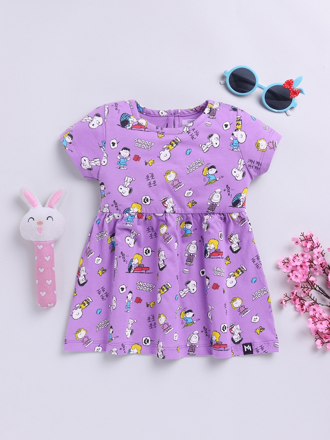 

YK X Minute Mirth Girls Snoopy Printed Cotton Fit & Flare Dress, Mauve