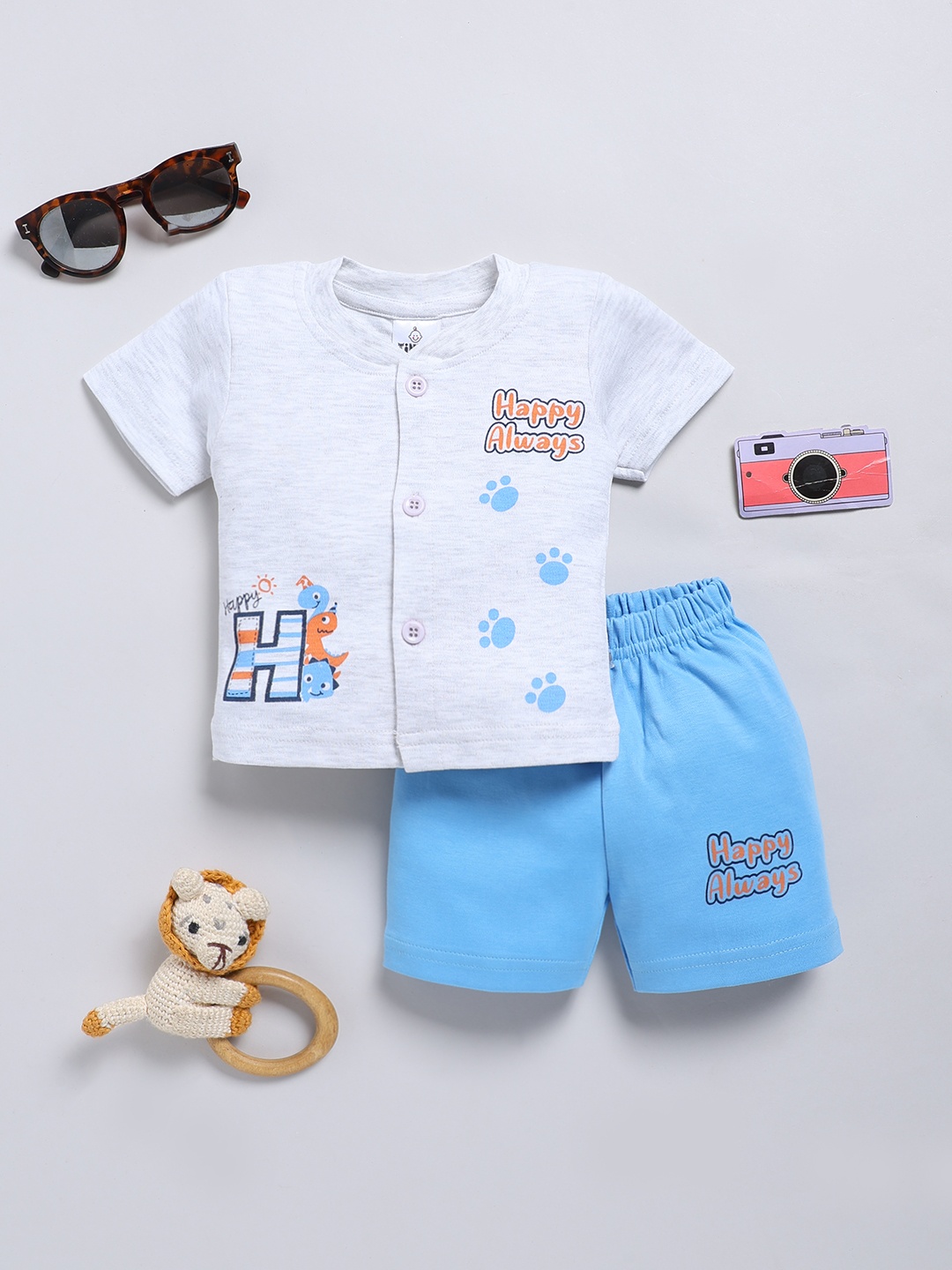 

YK X Tinyo Boys Printed Pure Cotton T-shirt with Shorts, Grey