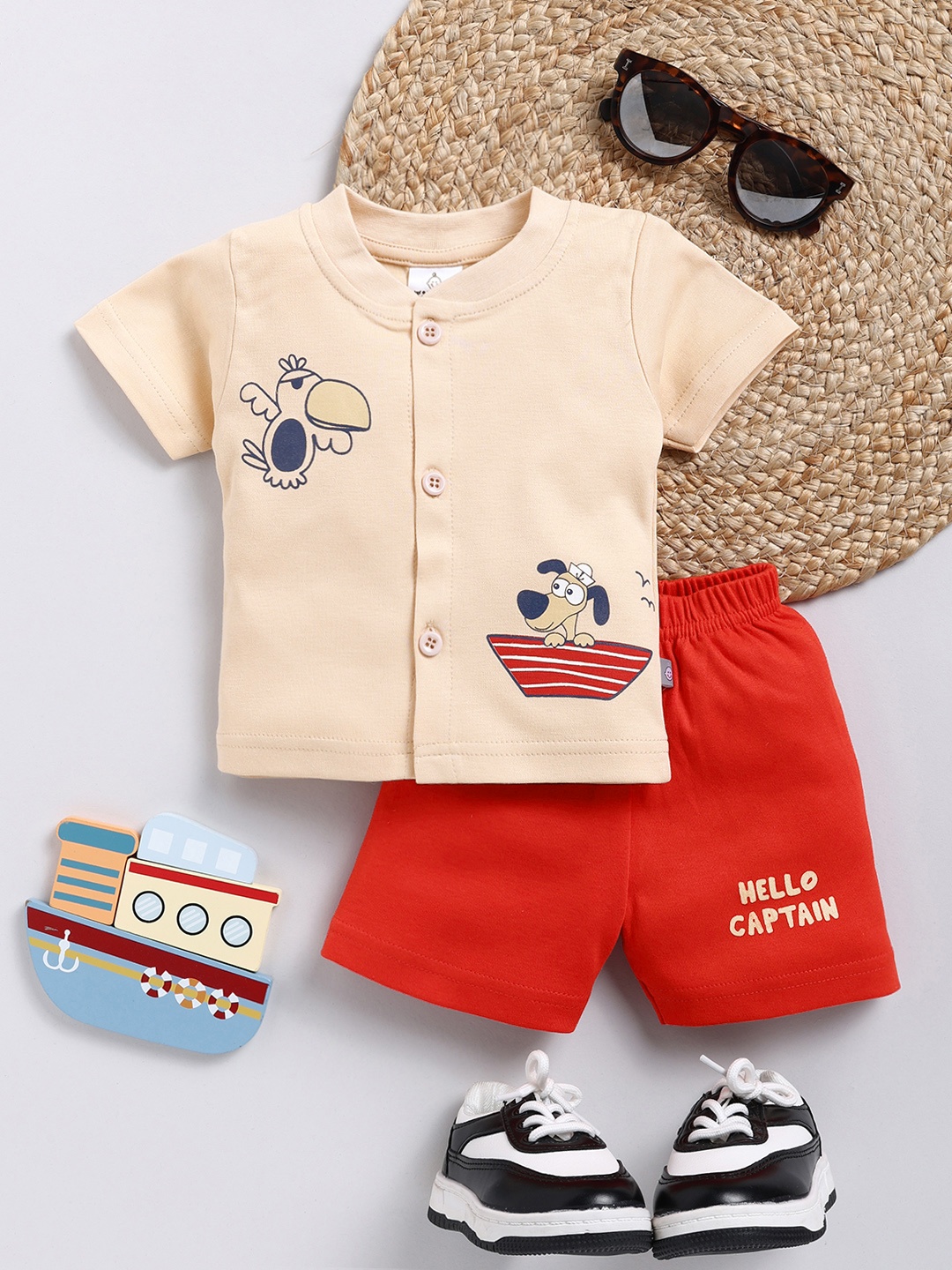 

YK X Tinyo Infant Boys Printed Pure Cotton T-shirt With Shorts, Beige