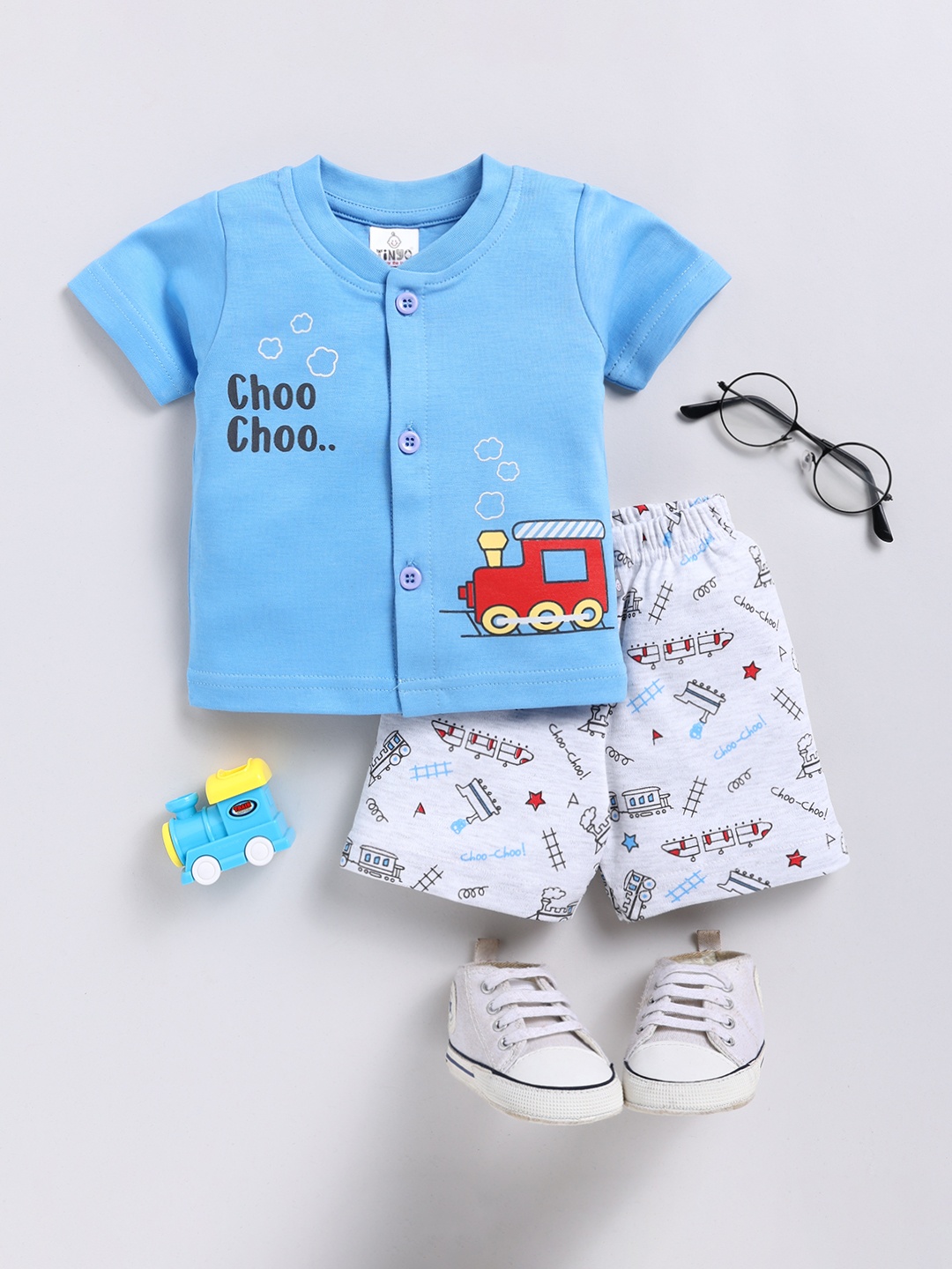 

YK X Tinyo Infant Boys Typography Printed Pure Cotton T-shirt With Shorts, Blue