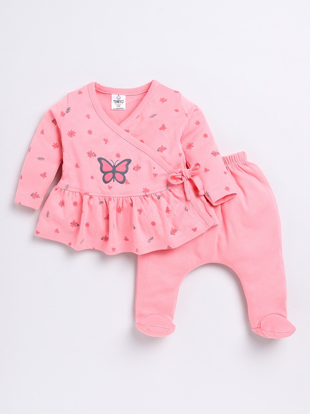 

YK X Tinyo Infant Girls Pure Cotton Floral Printed Frock with Footies, Pink