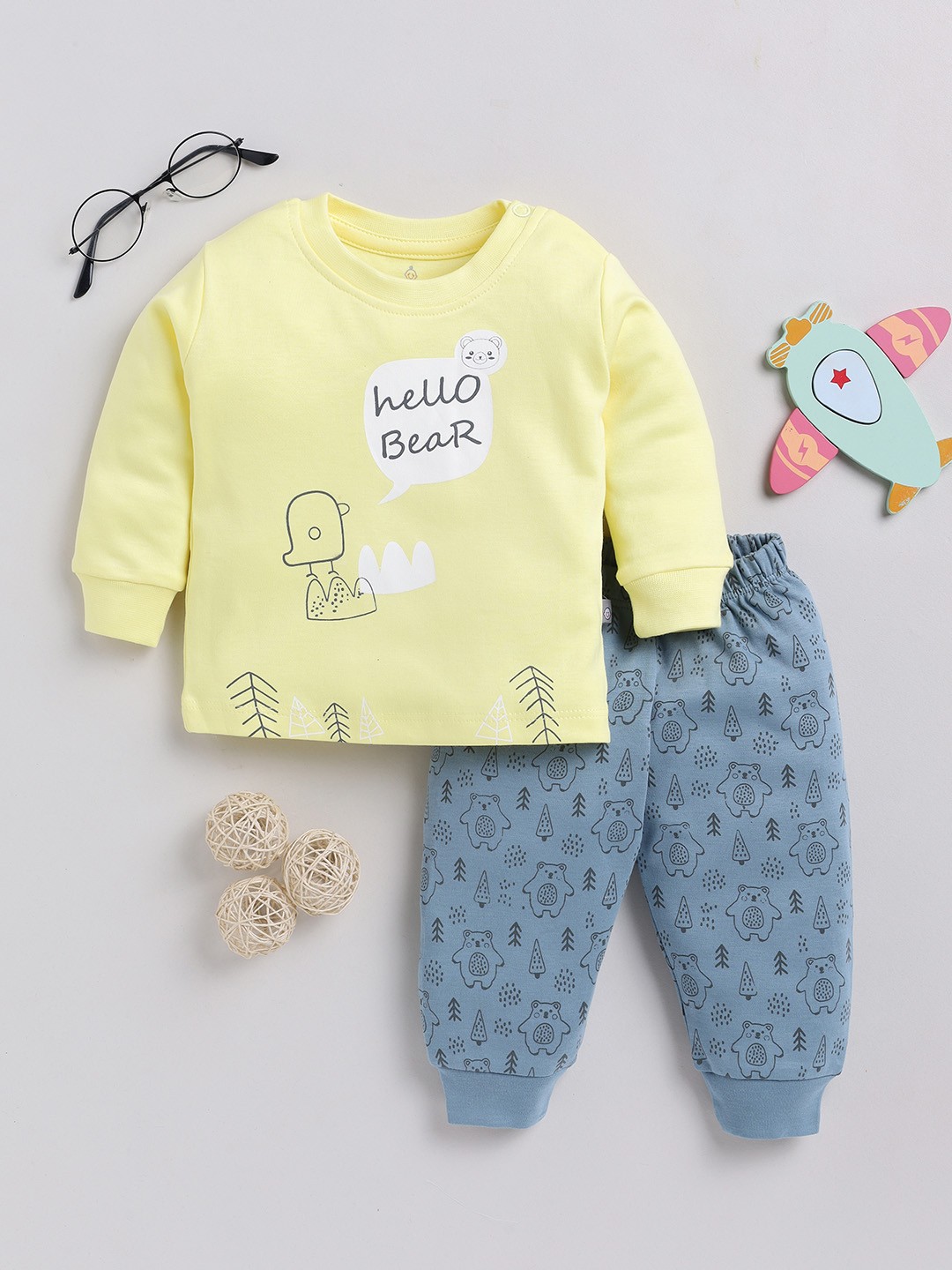 

YK X Tinyo Boys Pure Cotton Printed T-Shirt with Joggers, Yellow