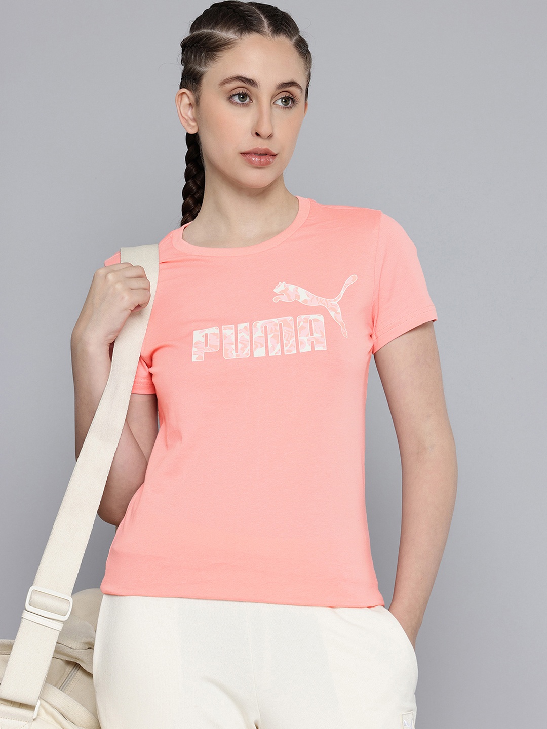 

Puma NATURE Brand Logo Printed Pure Cotton T-shirt, Peach