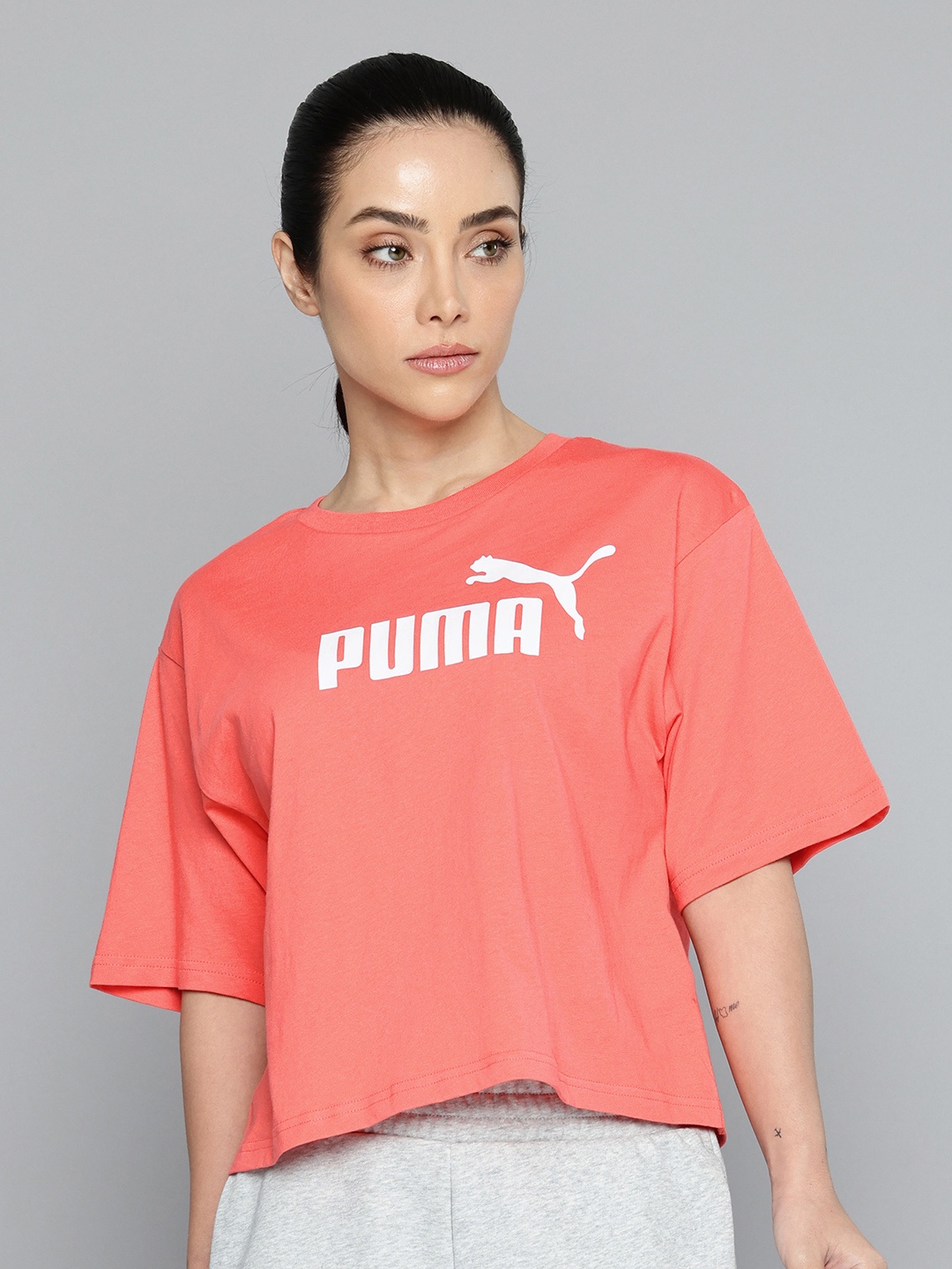 

Puma No. 1 Brand Logo Printed Drop-Shoulder Sleeves Relaxed Fit Cropped T-shirt, Orange