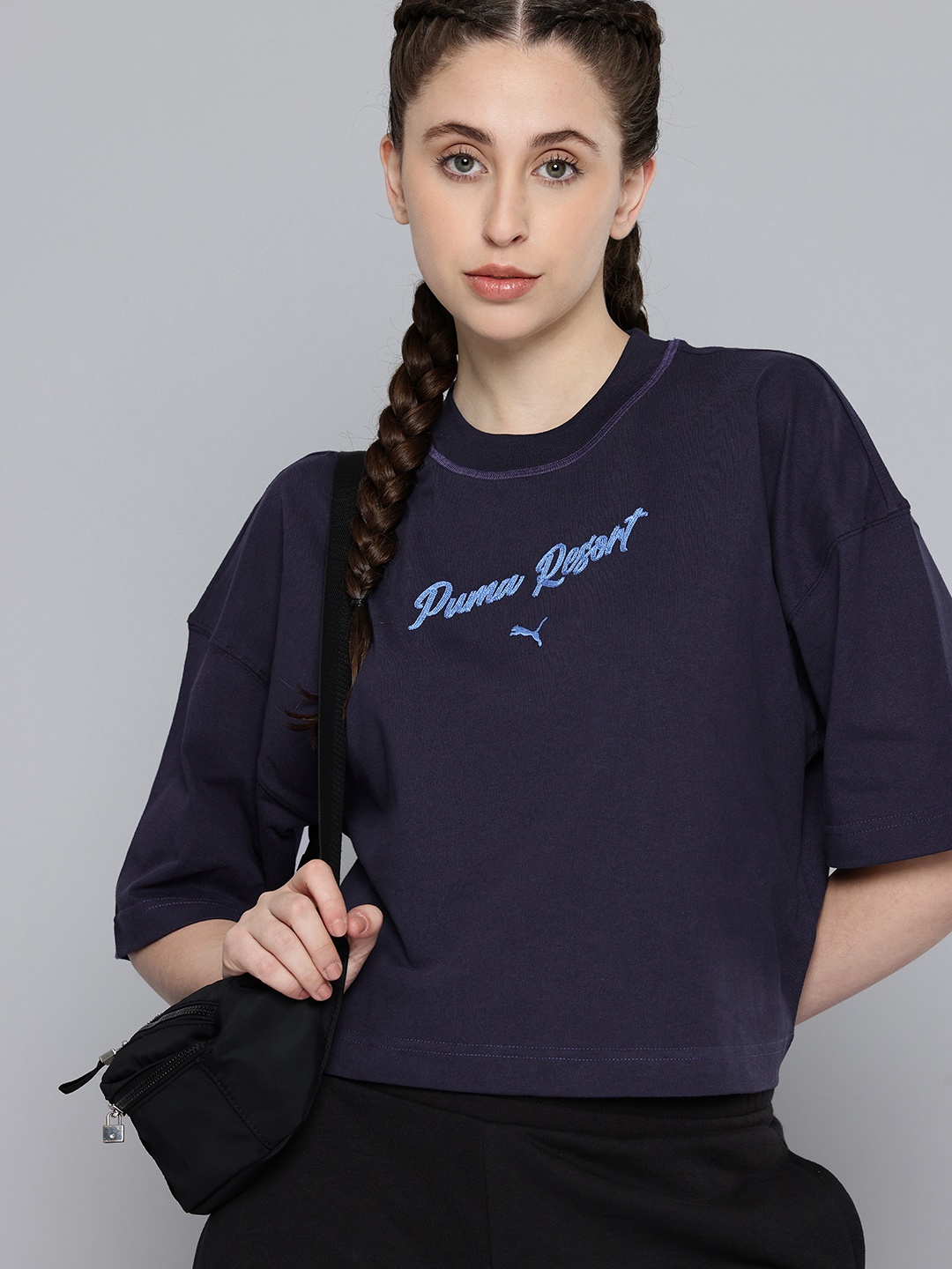 

Puma Oversized Fit Typography Embroidered Pure Cotton T-shirt, Navy blue