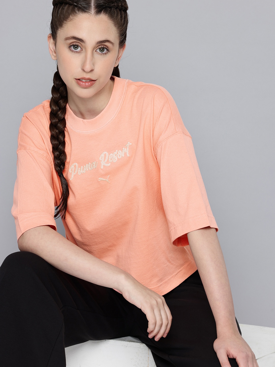 

Puma Premium Typography Embroidered Drop-Shoulder Sleeves Pure Cotton Oversized T-shirt, Peach