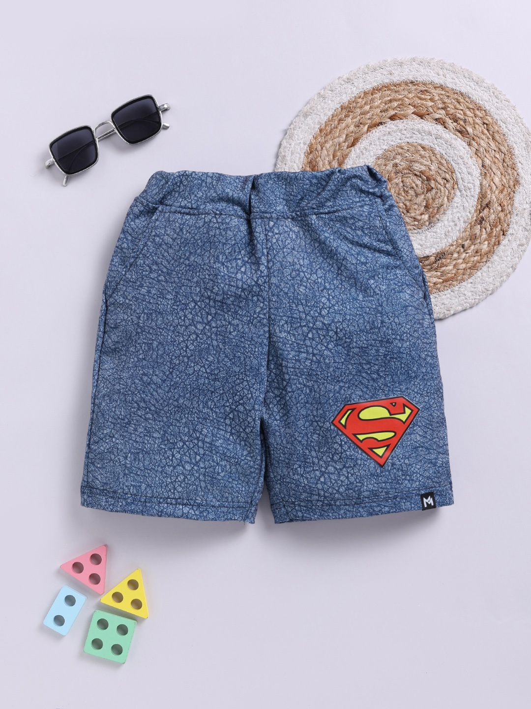 

YK X Minute Mirth Boys Superman Printed Shorts, Blue