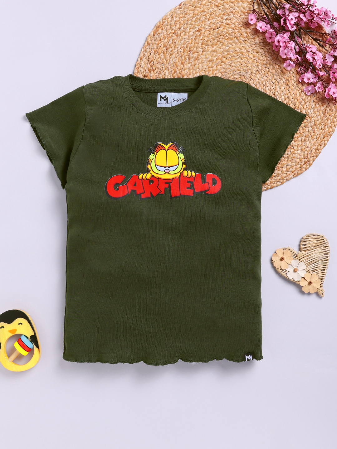 

YK X Minute Mirth Girls Garfield Printed Cotton Top, Olive