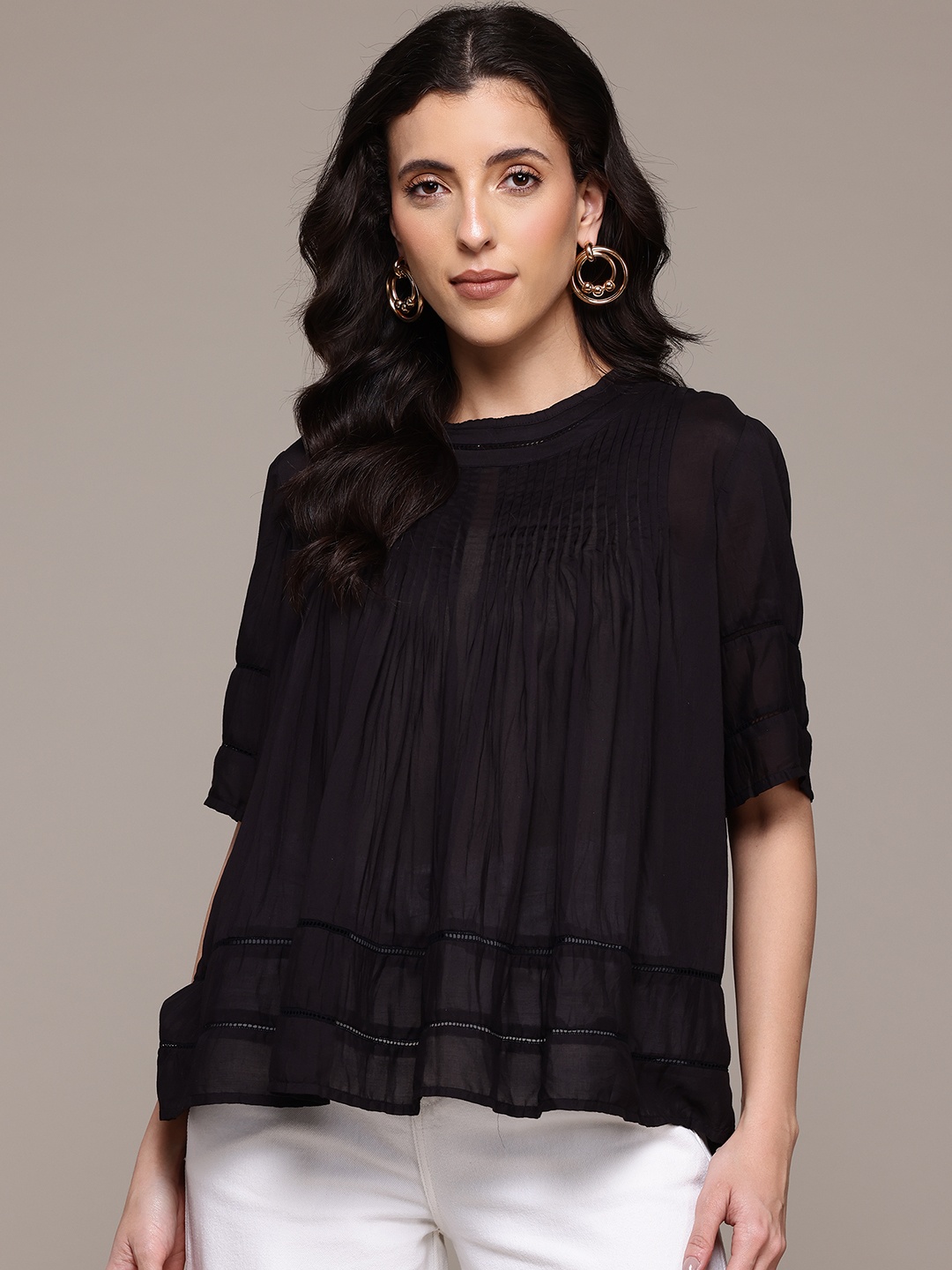 

Label Ritu Kumar Pleated Top with Lace Insert Details, Black