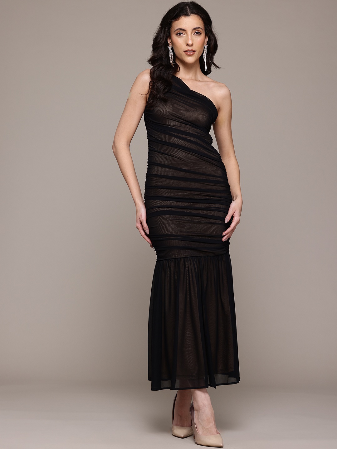 

Label Ritu Kumar One Shoulder Bodycon Maxi Dress with Ruched Detail, Black