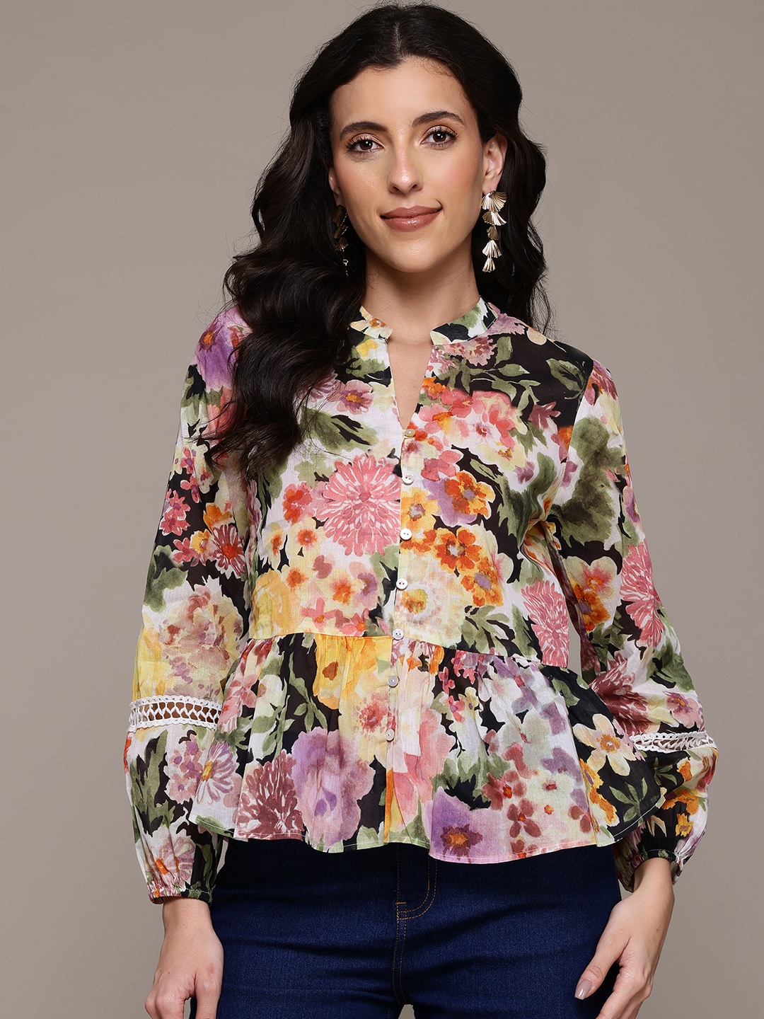 

Label Ritu Kumar Floral Print Puff Sleeve Top with Lace Inserts, Black
