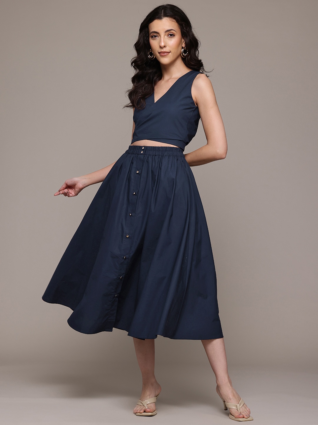 

Label Ritu Kumar Solid Wrap Top & Midi Skirt Co-Ord Set, Navy blue