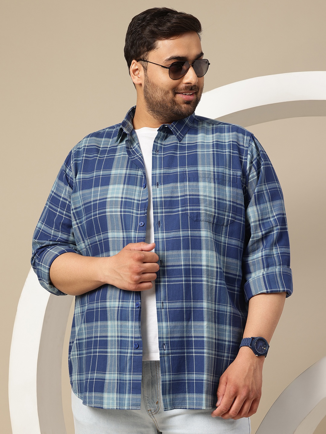 

Sztori Plus Size Premium Checked Pure Cotton Casual Shirt, Navy blue