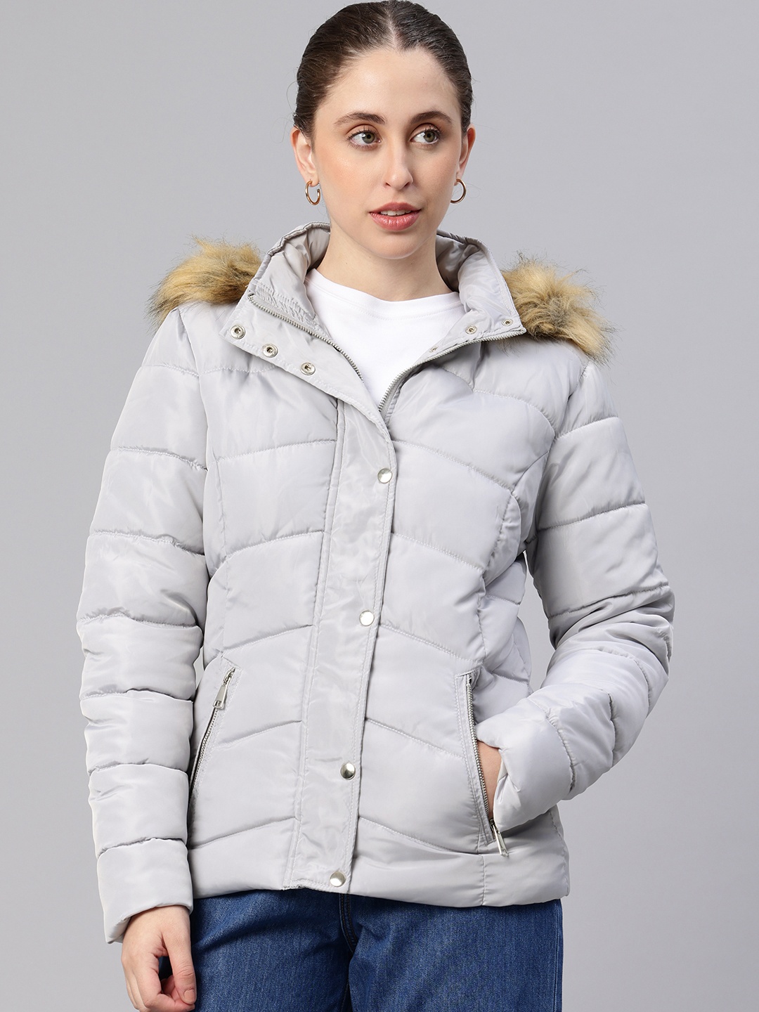 

London Rag Hooded Puffer Jacket With Faux Fur Trim, Grey