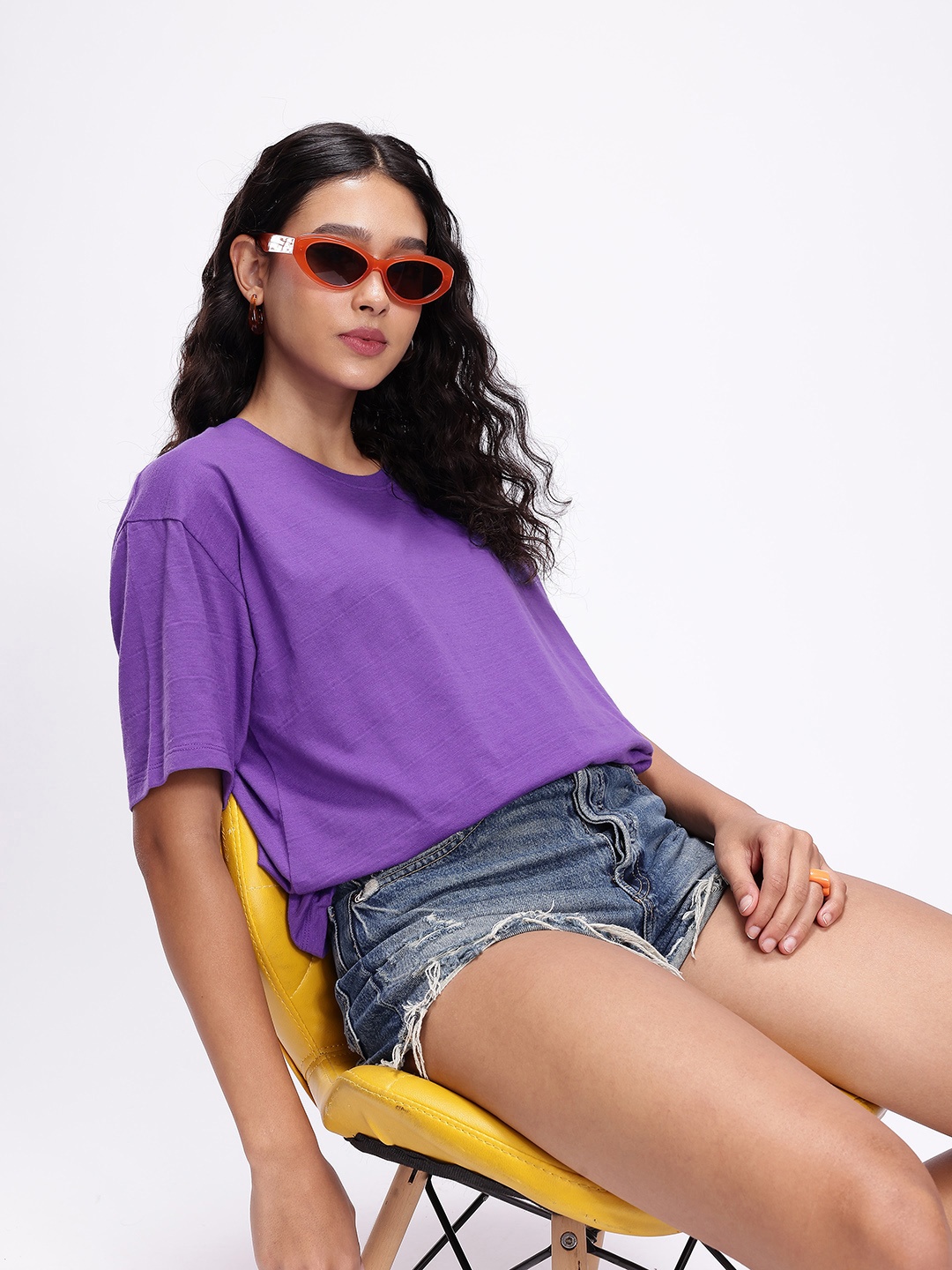 

Kook N Keech Solid Drop-Shoulder Sleeves Oversized T-shirt, Violet