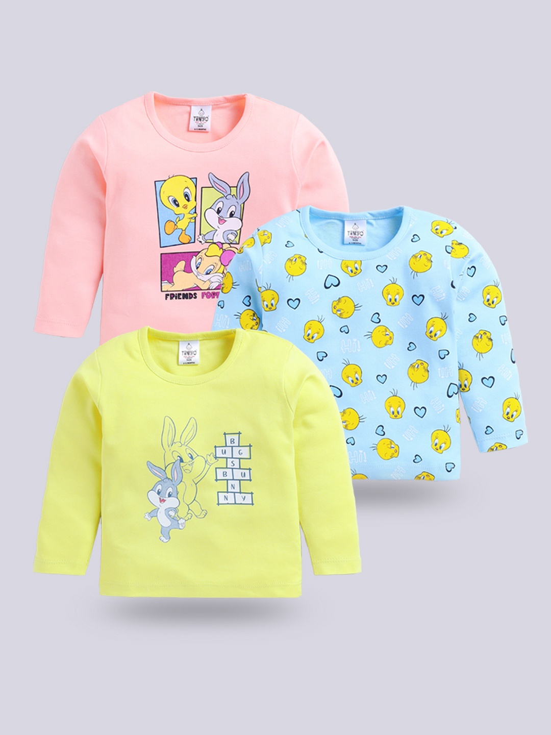 

YK X Tinyo Infant Girls Pack Of 3 Looney Tunes Printed Cotton T-shirt, Peach