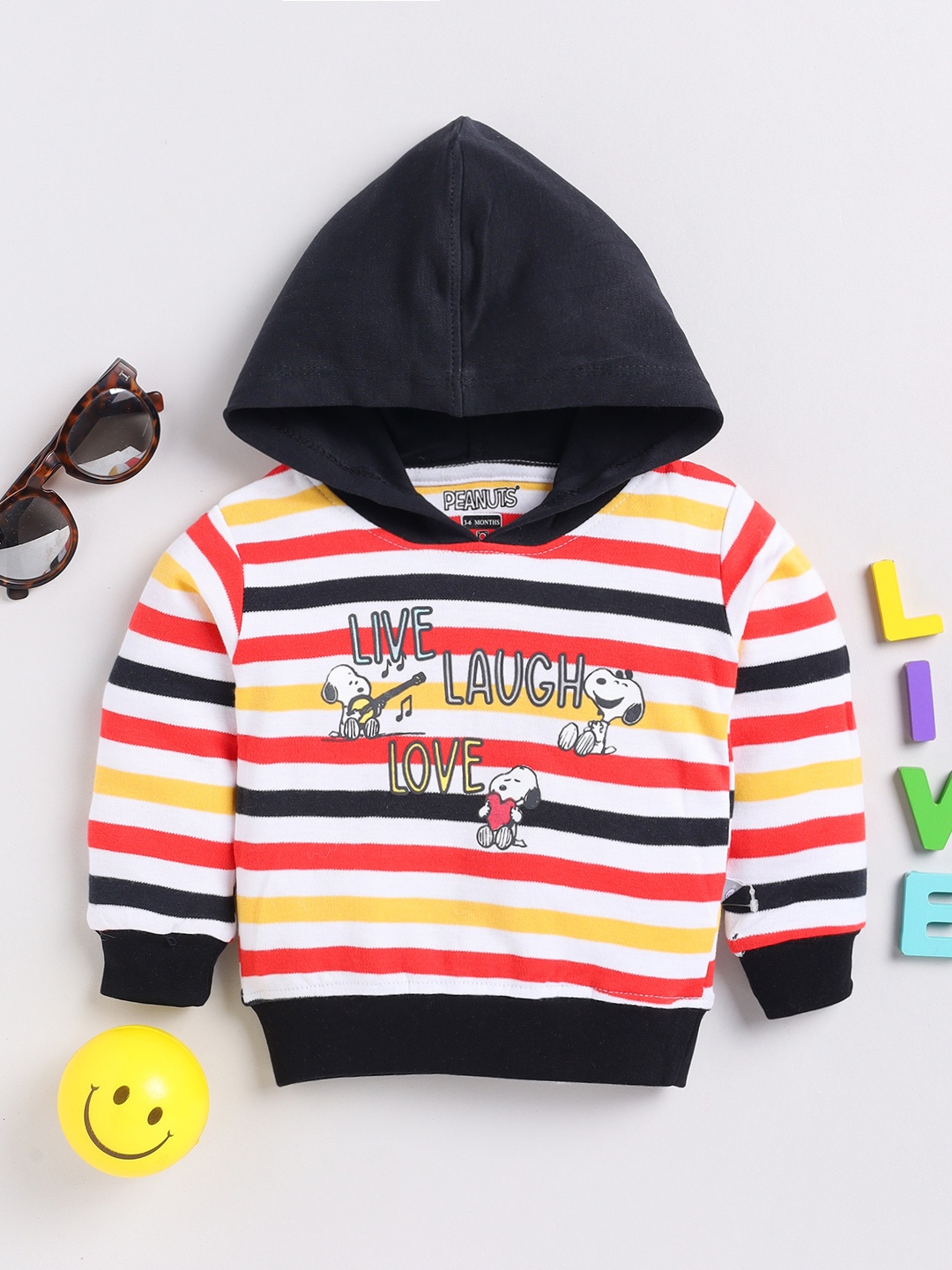 

YK X Tinyo Infant Boys Peanuts Printed Striped Hooded T-shirt, Black