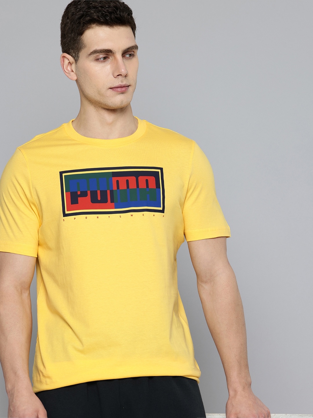 

Puma Box Graphics Brand Logo Printed T-shirt, Yellow