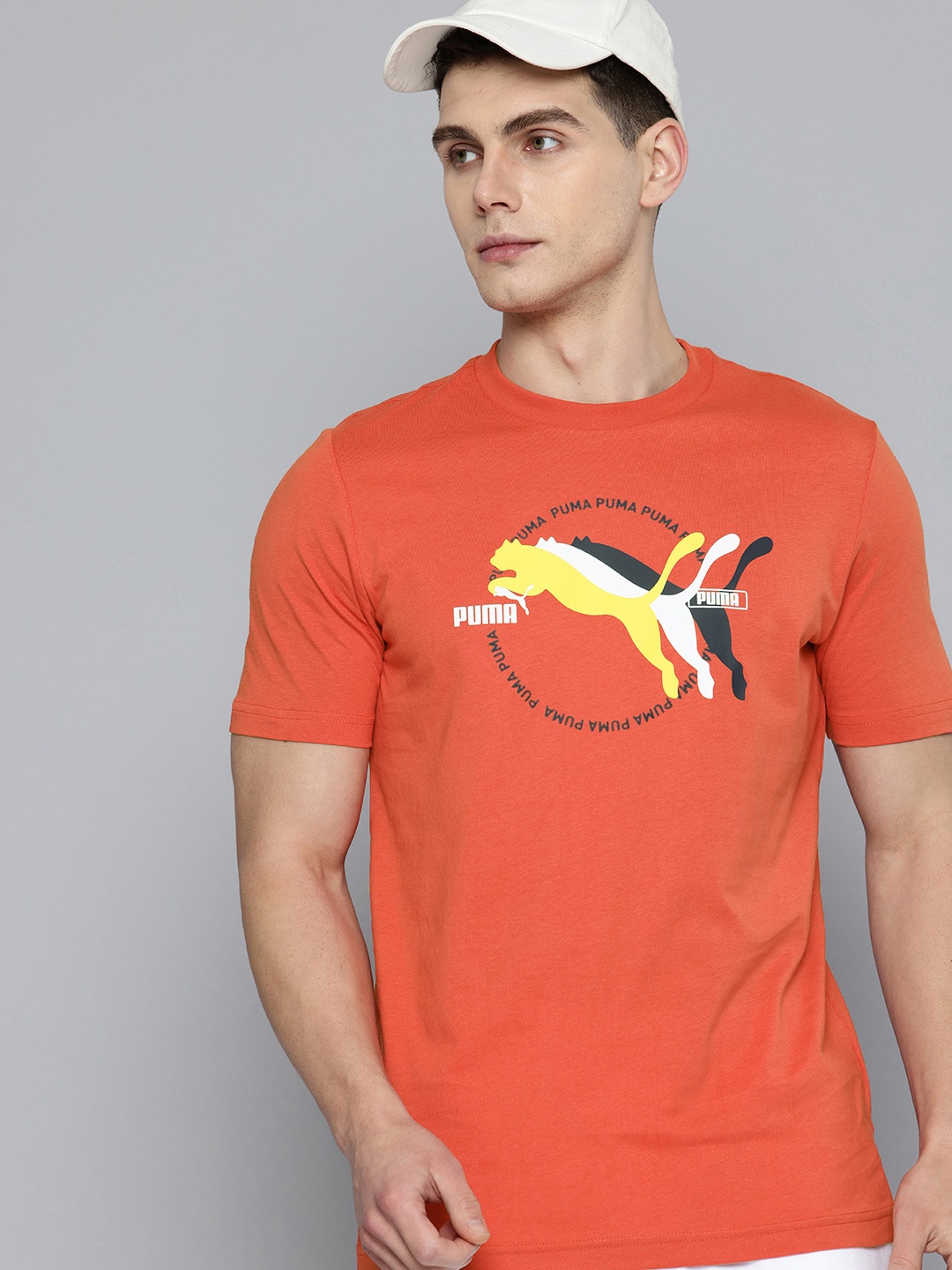 

Puma Graphics Multiple Brand Logo Printed Pure Cotton T-shirt, Rust