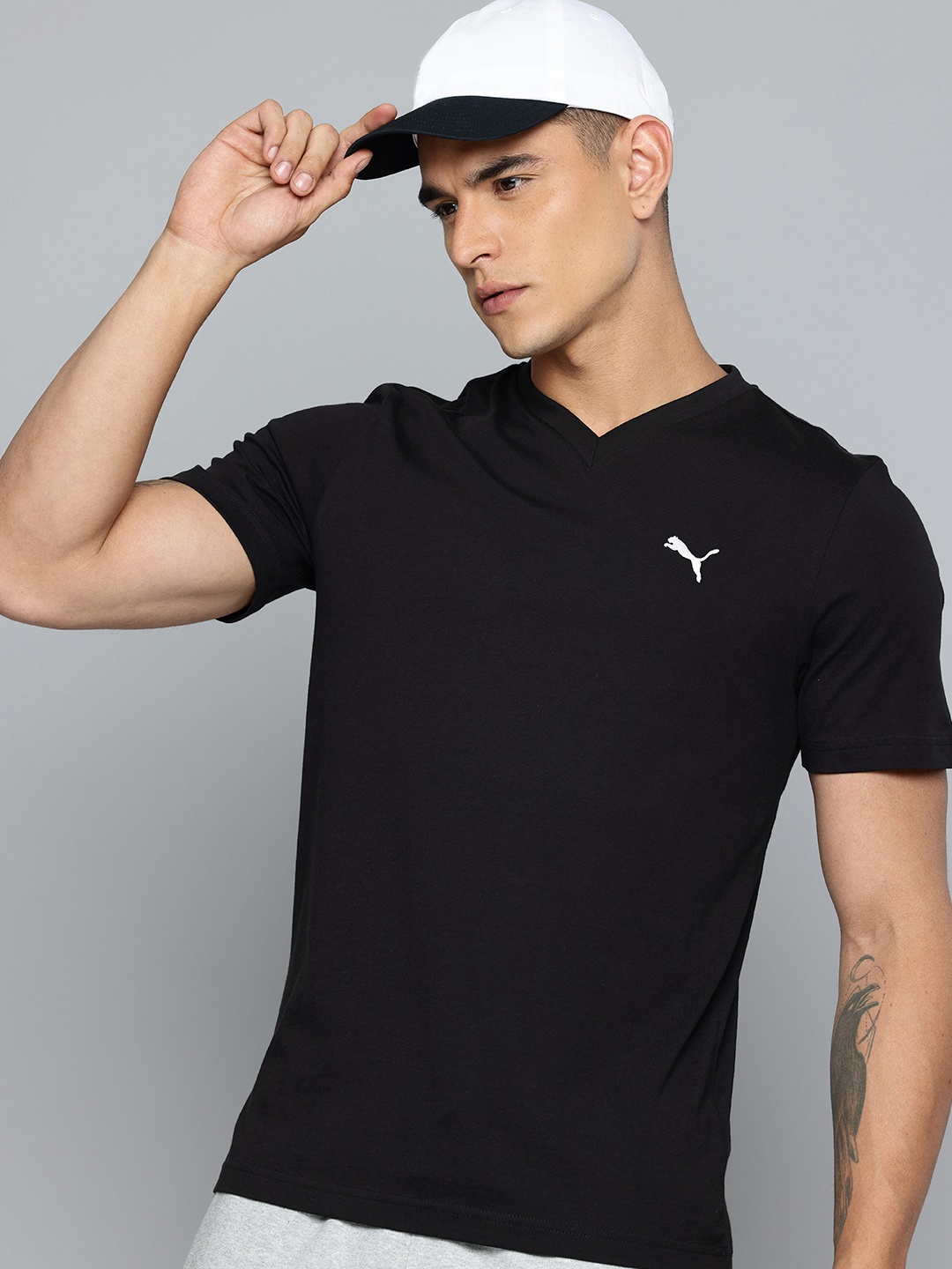 

Puma Brand Logo Printed V-Neck Pure Cotton T-shirt, Black
