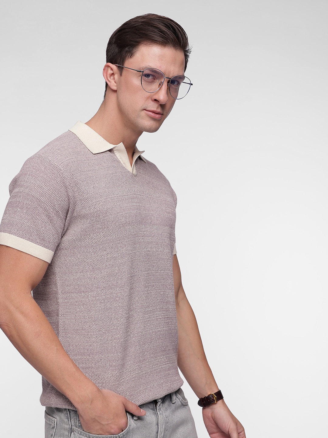 

French Connection Contrast Polo Collar Bio Finish Pure Cotton T-shirt, Mauve