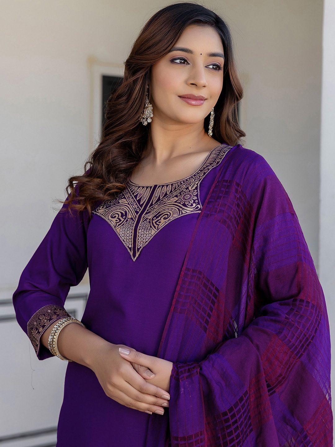 

KALINI Woven Design Round Neck Straight Kurta with Trousers And Dupatta, Violet