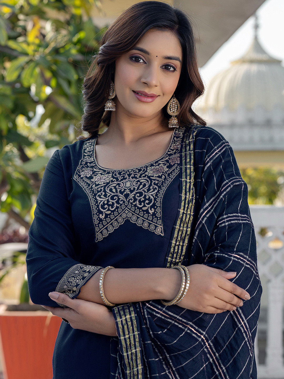 

SKYLEE Yoke Design Straight Thread Work Kurta With Trousers And Dupatta, Blue