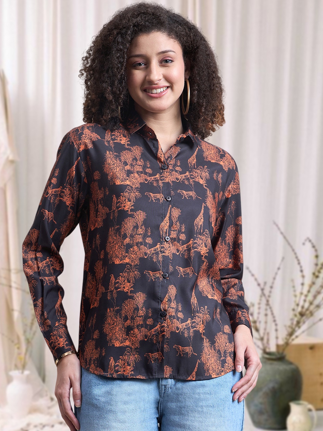 

DressBerry Women Relaxed Fit Spread Collar Abstract Printed Casual Shirt, Black