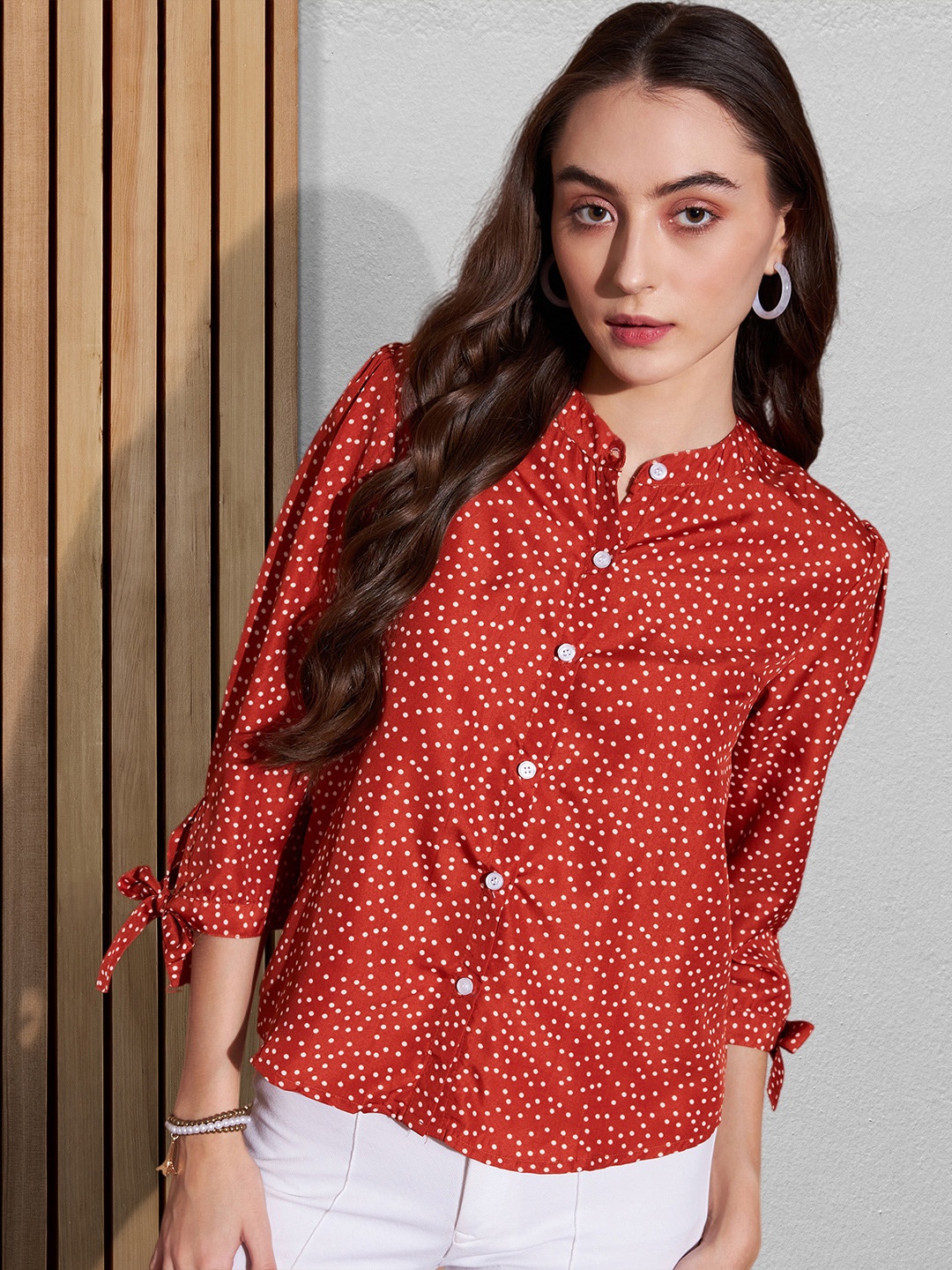 

DressBerry Women Comfort Fit Band Collar Polka Dots Printed Casual Shirt, Red