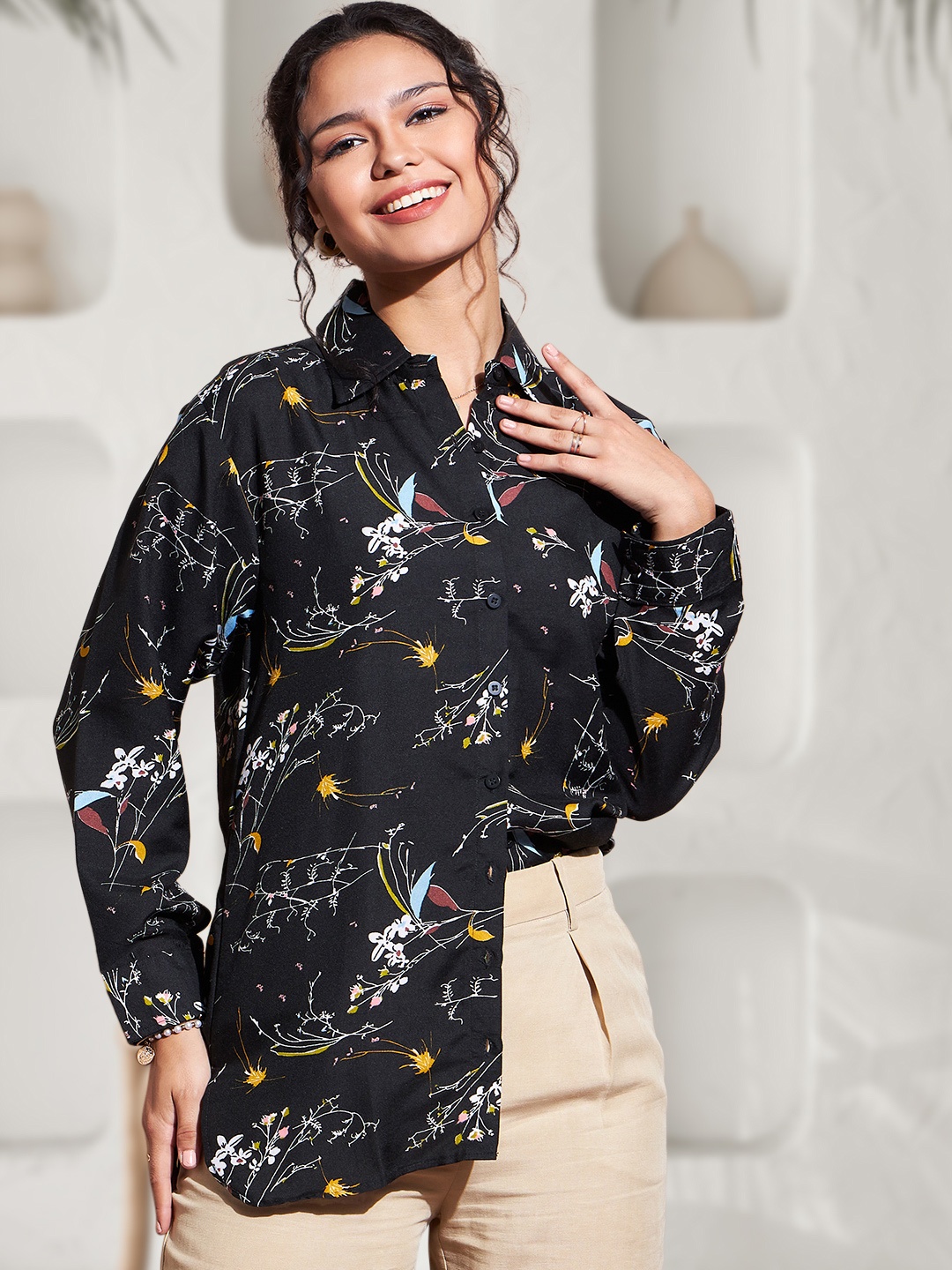 

DressBerry Women Spread Collar Floral Printed Casual Shirt, Black