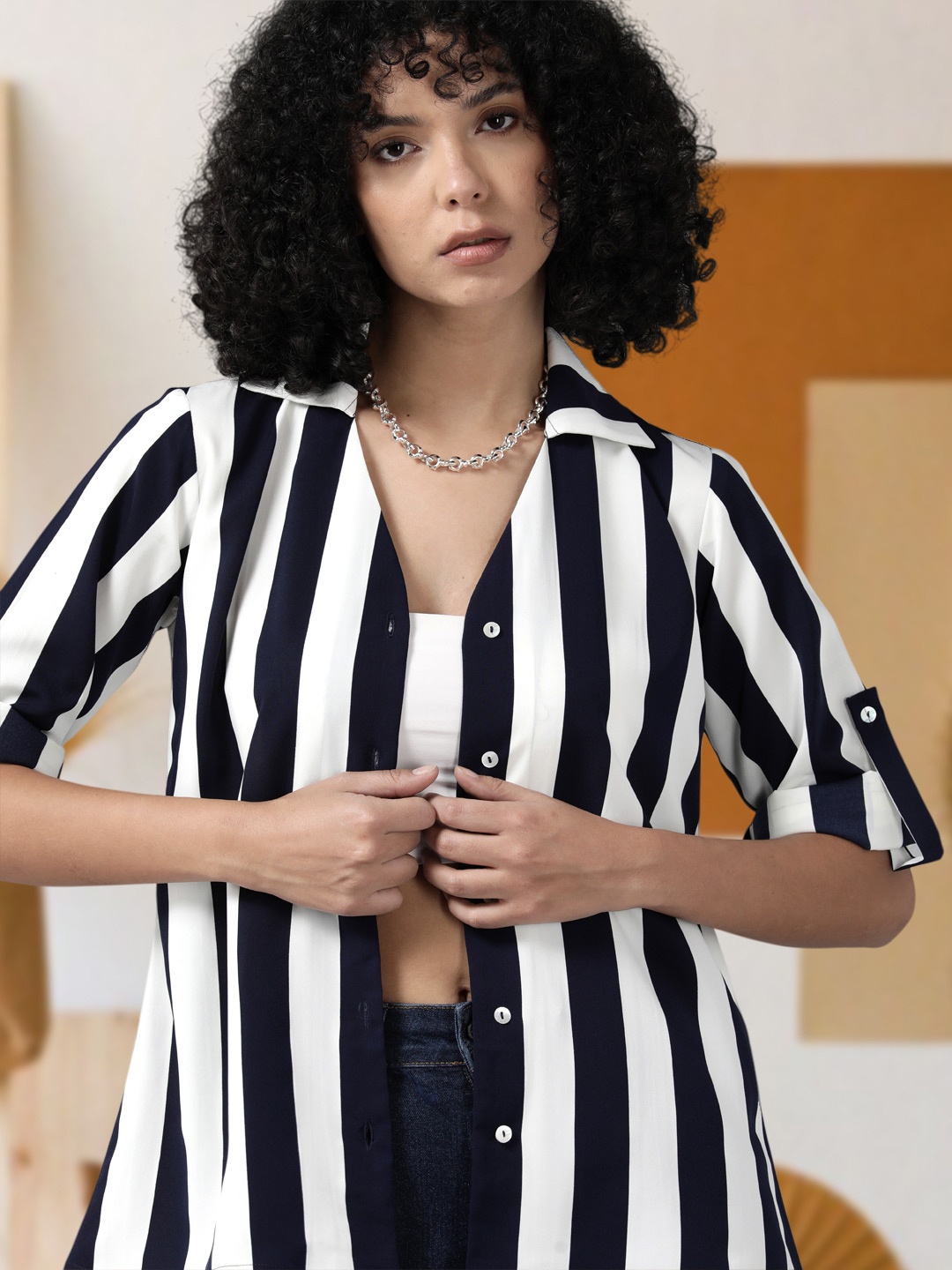 

DressBerry Women Spread Collar Vertical Striped Casual Shirt, White