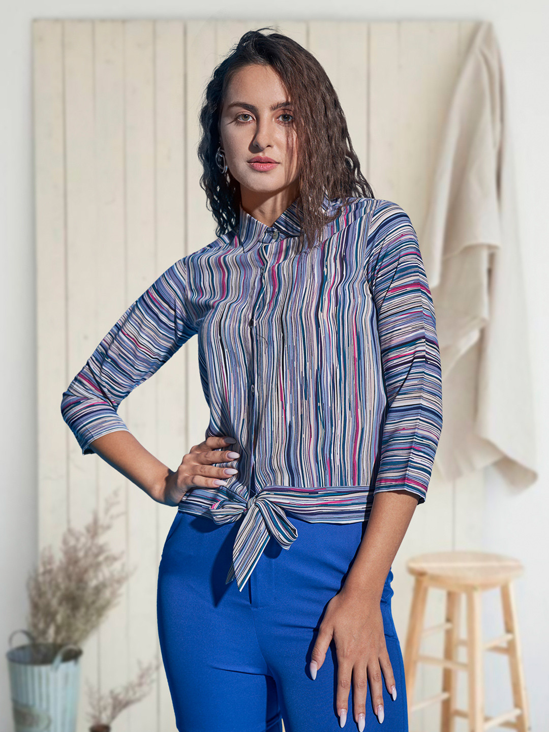 

DressBerry Women Spread Collar Multi Striped Casual Shirt, Blue