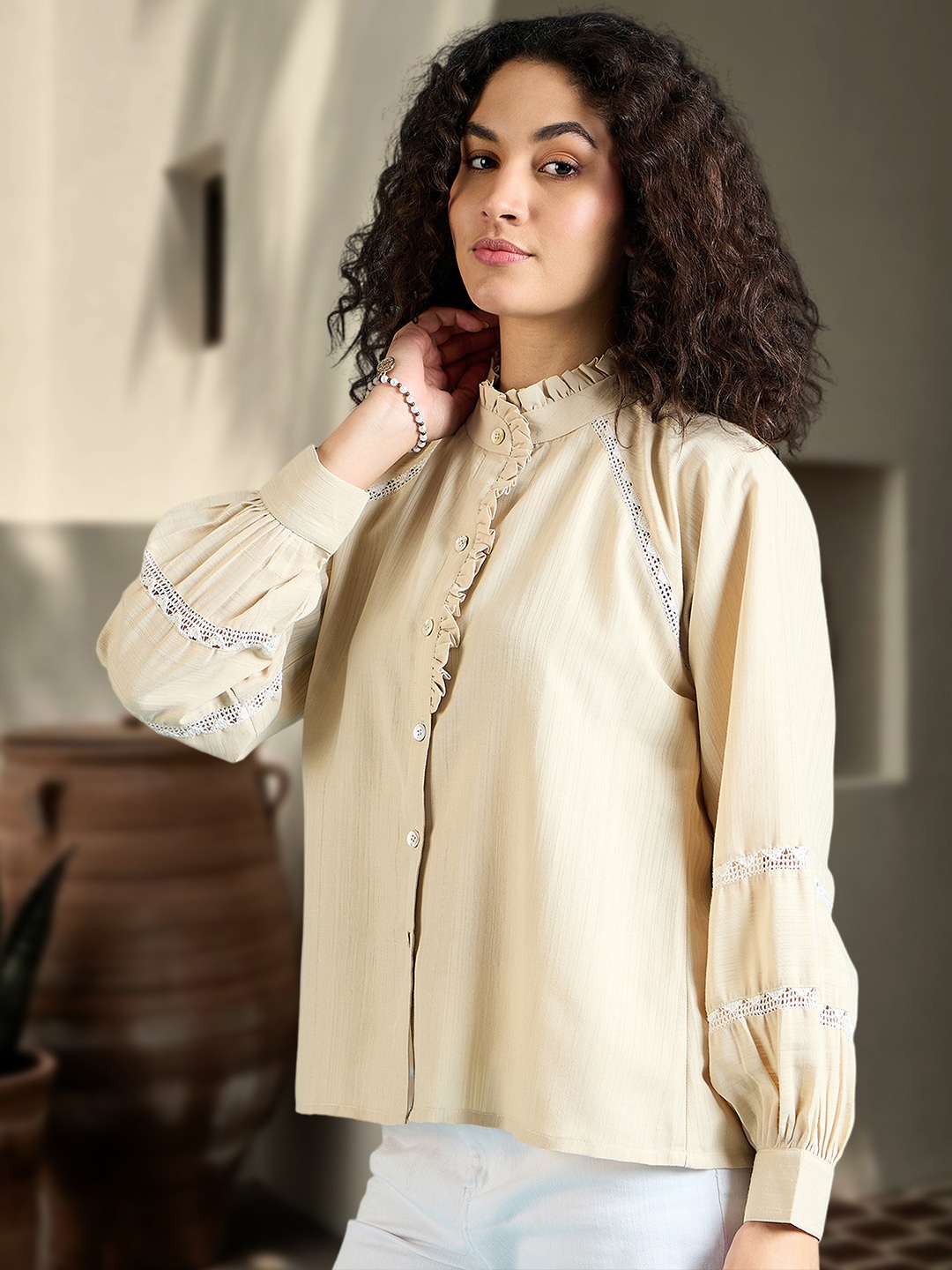 

DressBerry Women Relaxed Fit Mandarin Collar Solid Casual Shirt, Beige