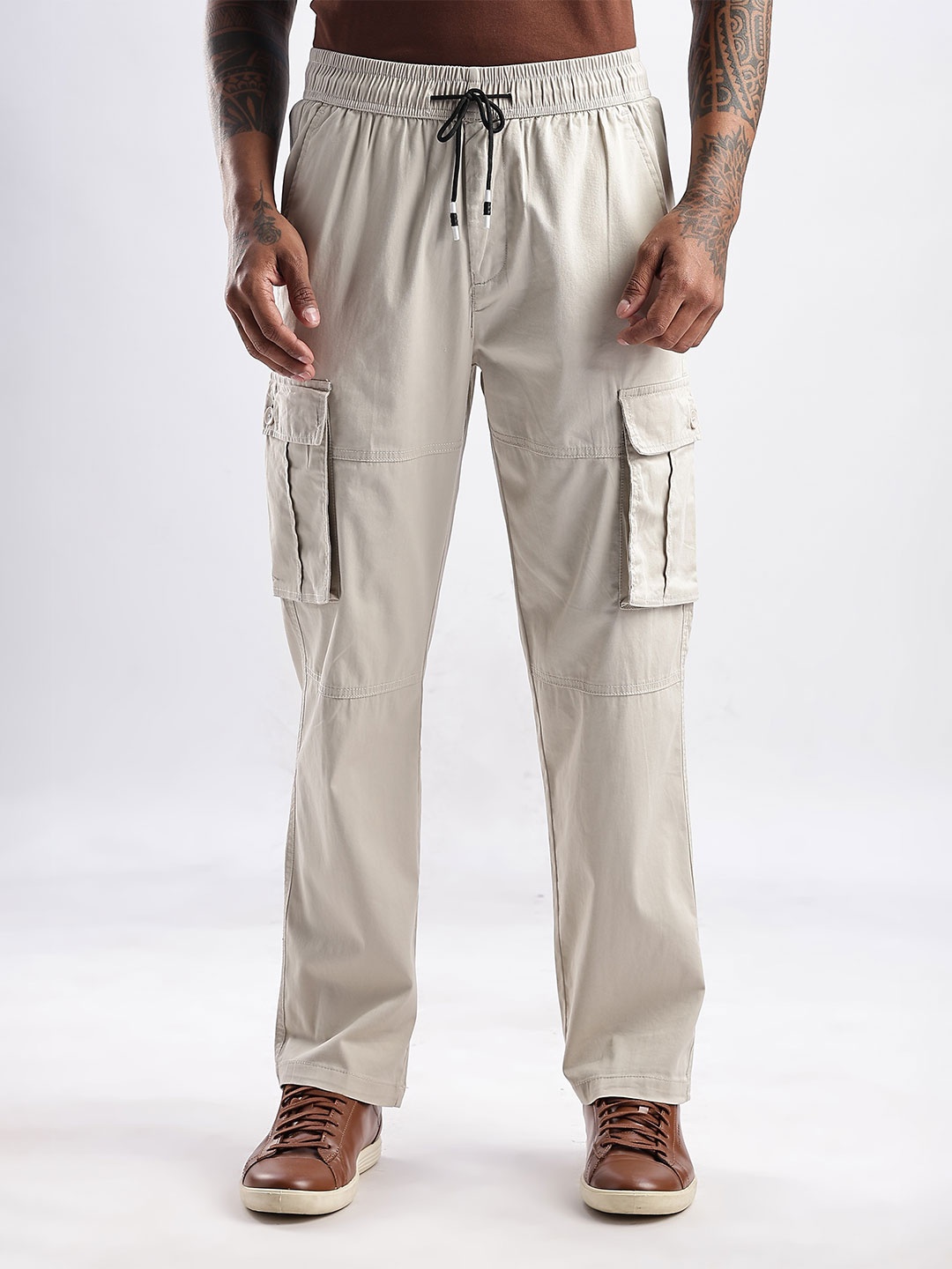 

NEVER NEUD Men Relaxed Traveller Utility Cargos Trousers, Beige
