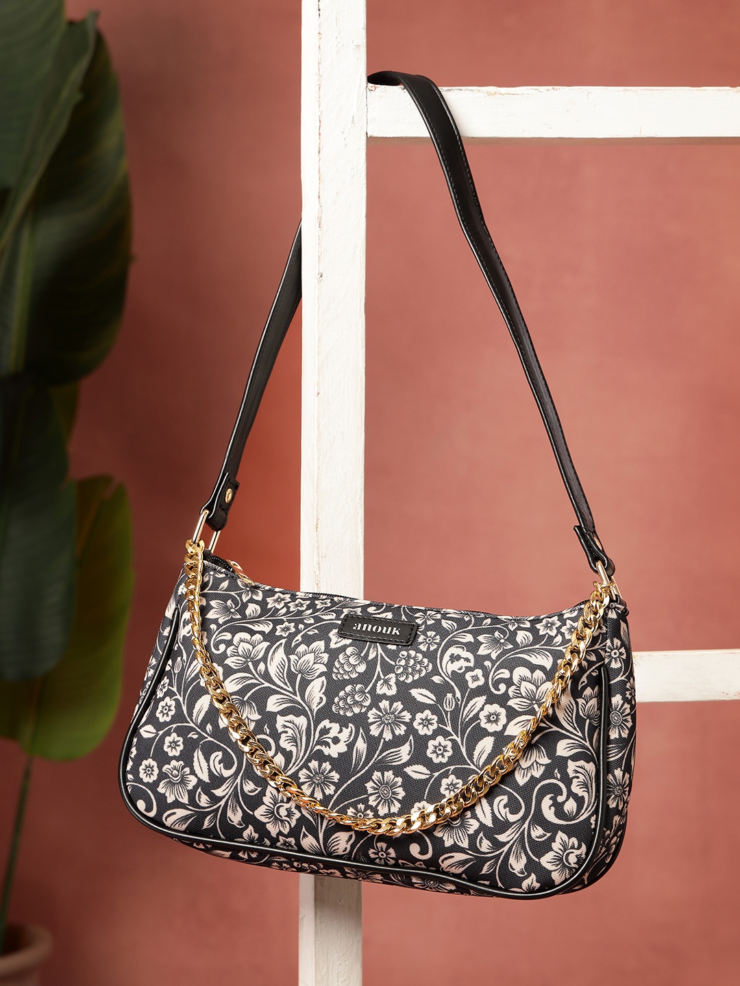

Anouk Women Floral Printed Baguette Shoulder Bag, Black