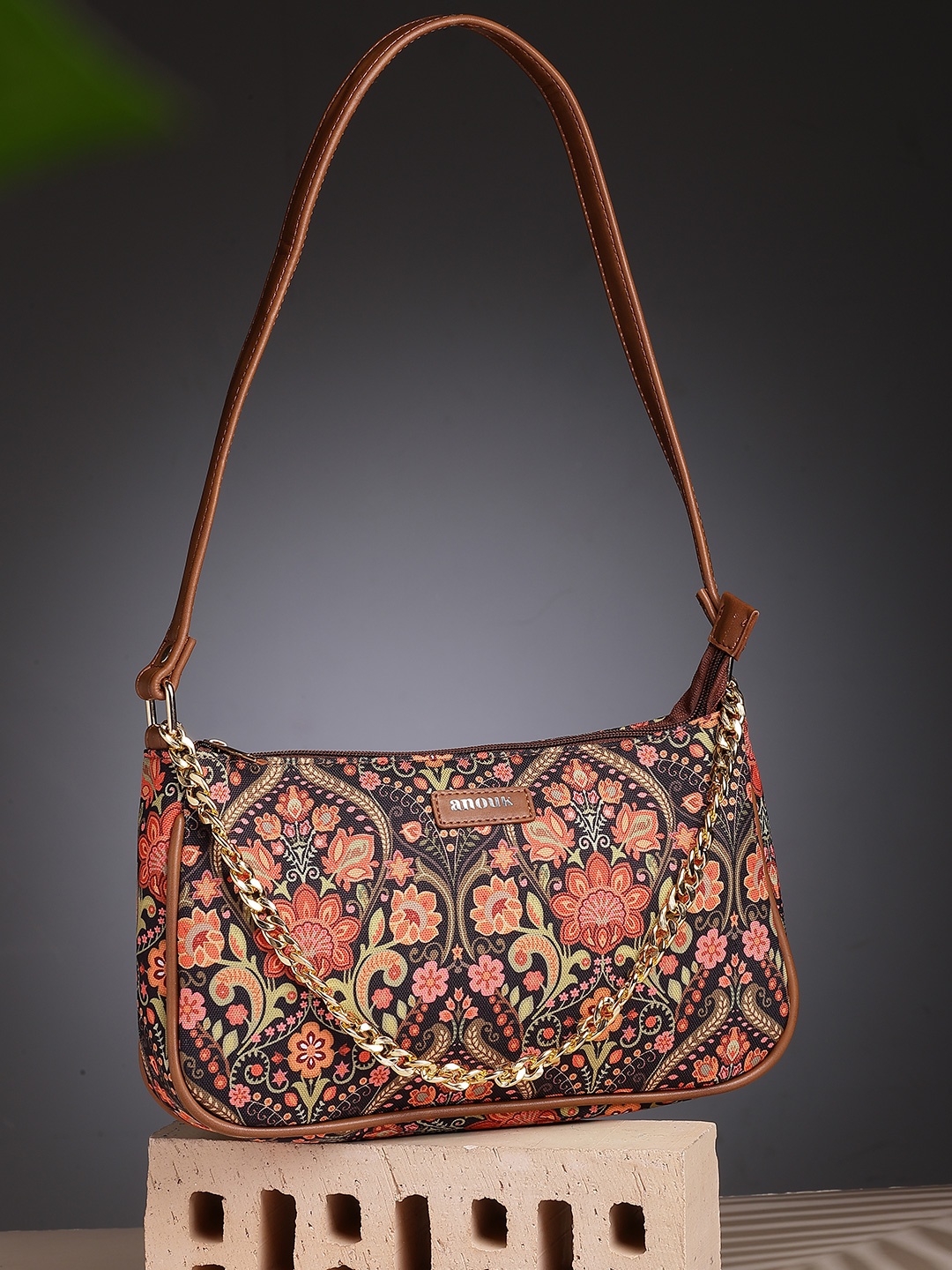 

Anouk Women Floral Printed Baguette Shoulder Bag, Black