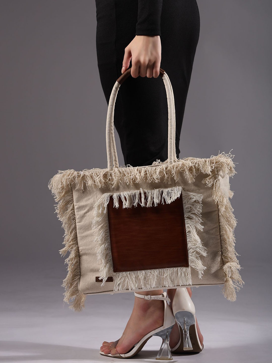 

ENSAC Women Textured Lace Inserts Tote Bag, Cream