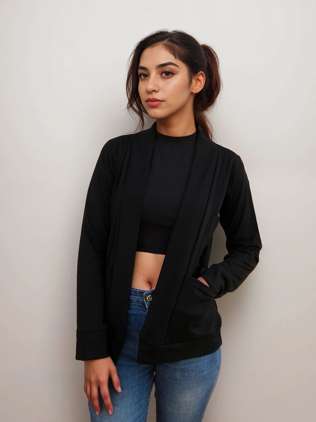 

Classy Hangers Pocket Detailing Open Front Cotton Shrug, Black