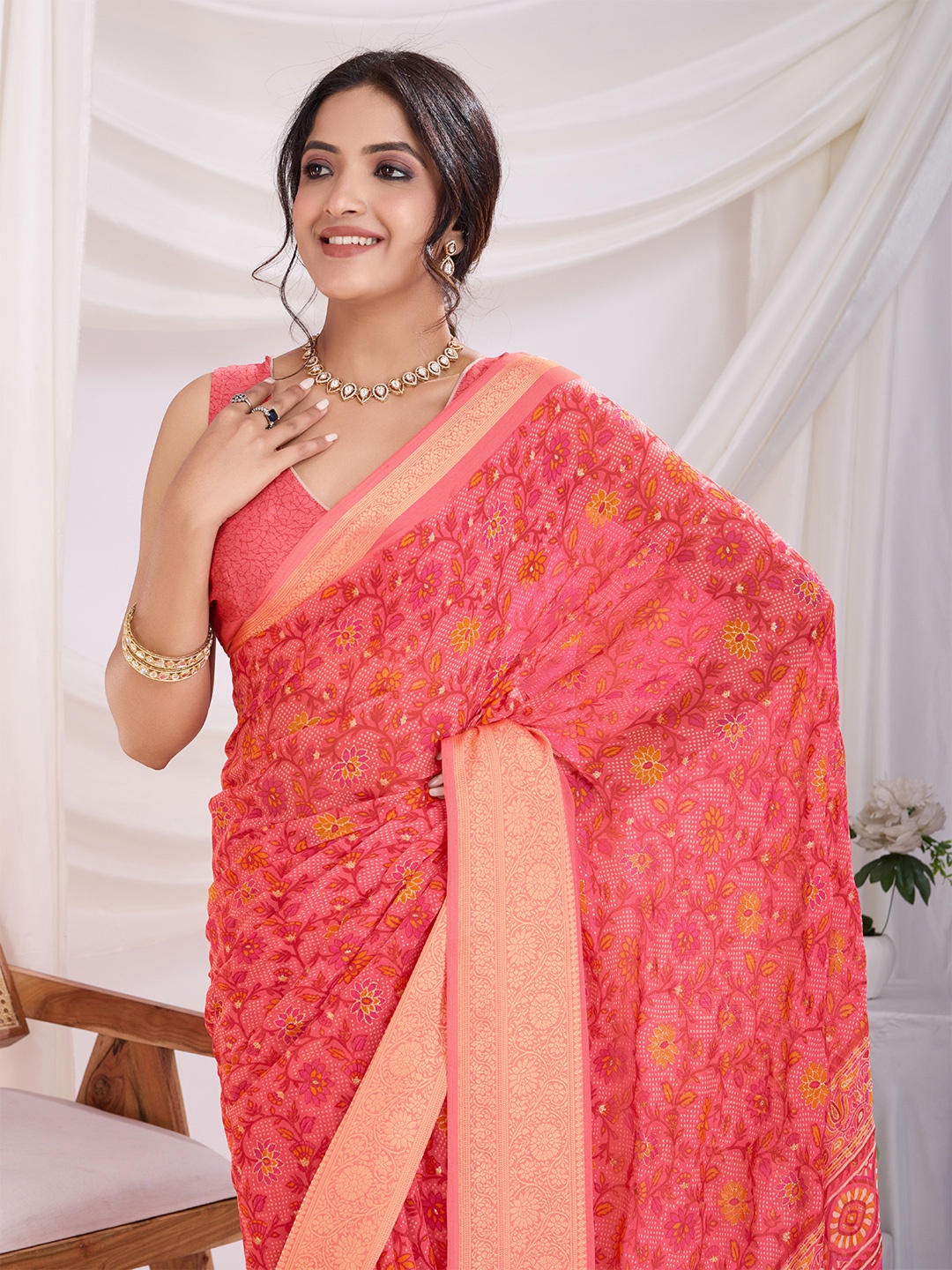 

Mitera Floral Zari Pure Chiffon Ikat Saree, Coral