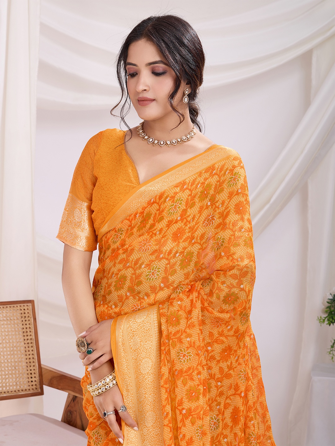 

Mitera Floral Beads and Stones Pure Chiffon Ikat Saree, Orange