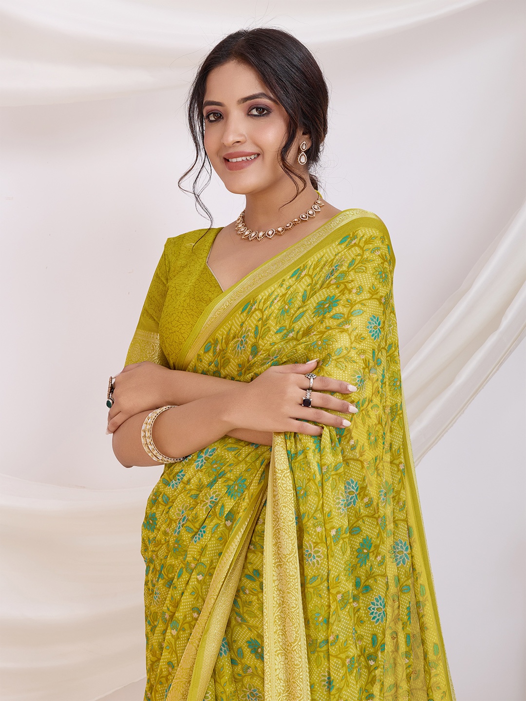 

Mitera Floral Beads and Stones Pure Chiffon Ikat Saree, Lime green