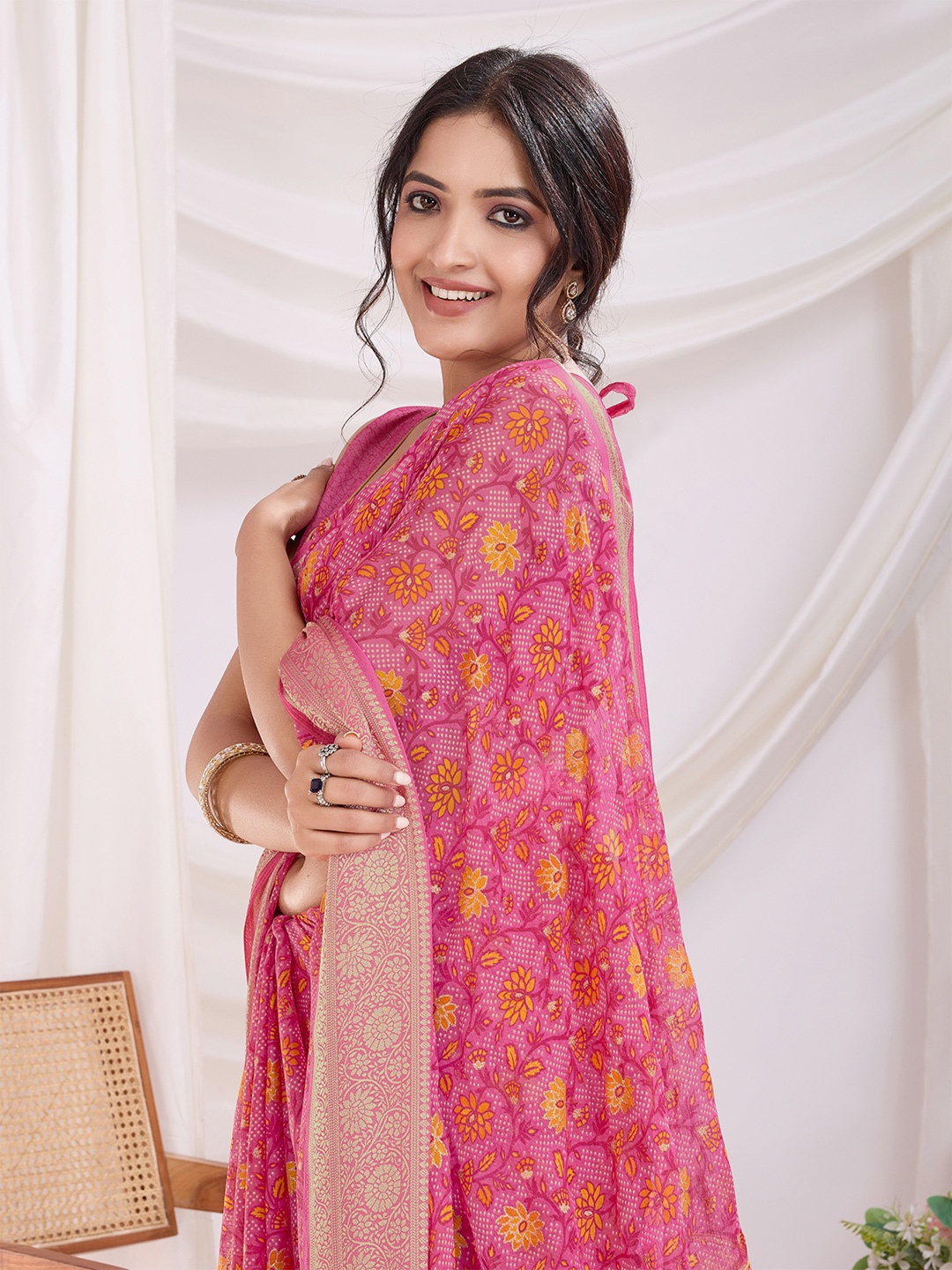 

Mitera Floral Beads and Stones Pure Chiffon Ikat Saree, Pink