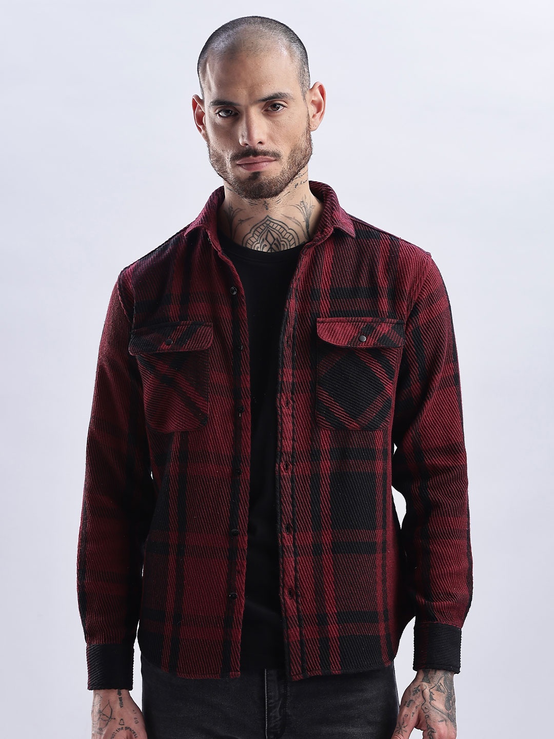 

NEVER NEUD Tartan Checked Flannel Casual Shacket, Maroon