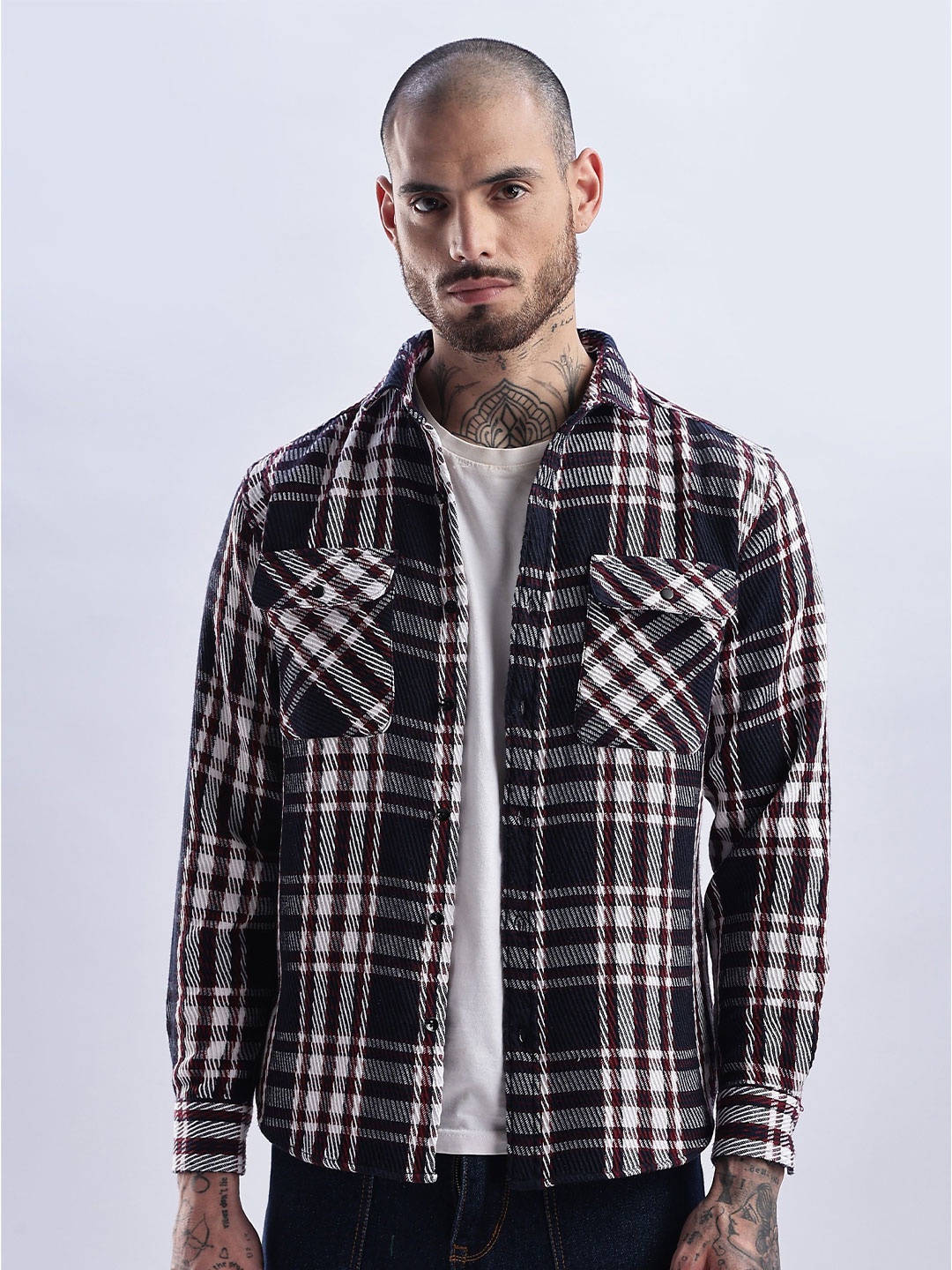

NEVER NEUD Tartan Checked Spread Collar Flannel Casual Shacket, Black